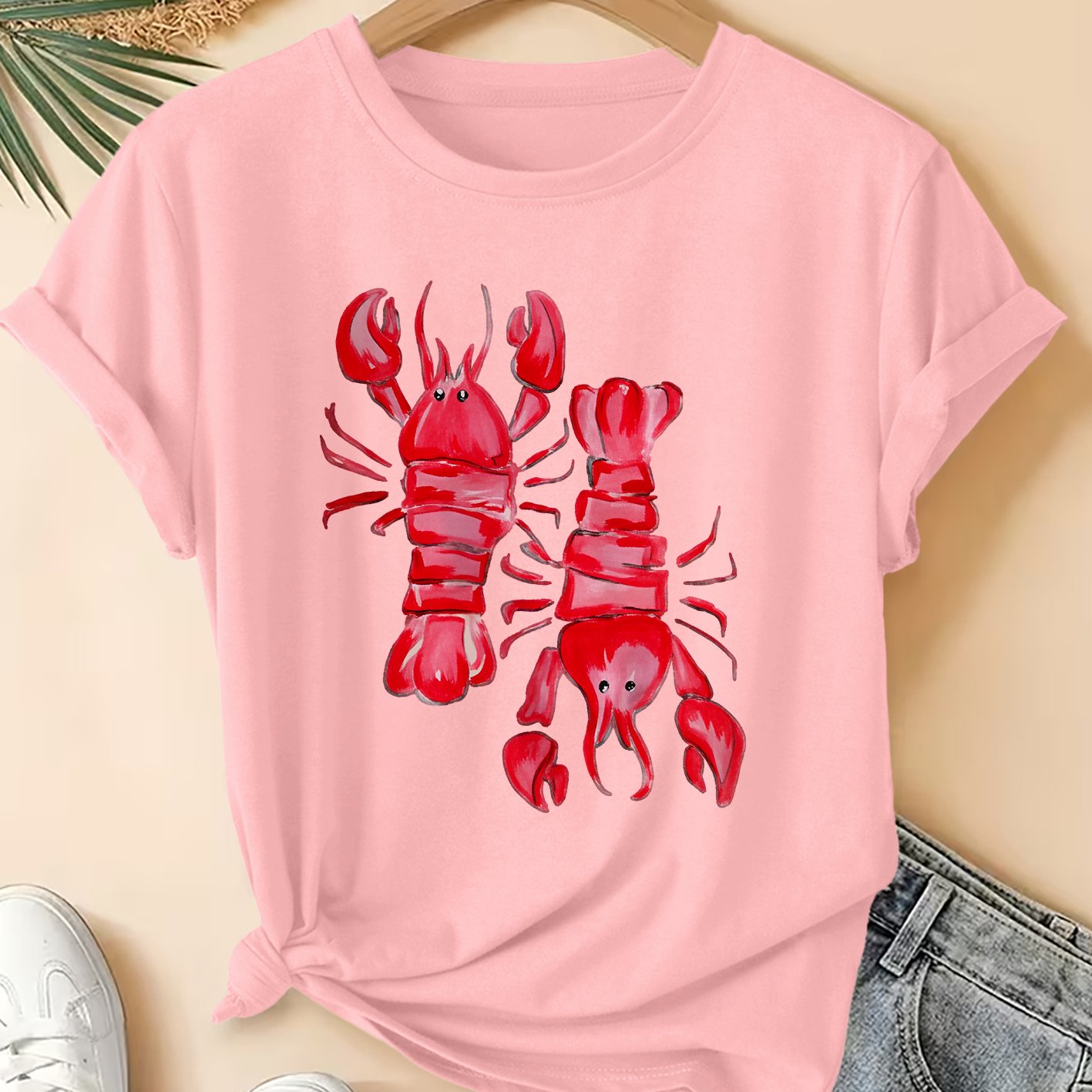 TEMU Women's Summer Clothing, Watercolor Lobster Print Round Neck Short Sleeve T-shirt, Fashionable Vacation Daily Versatile Plus Size Friendly