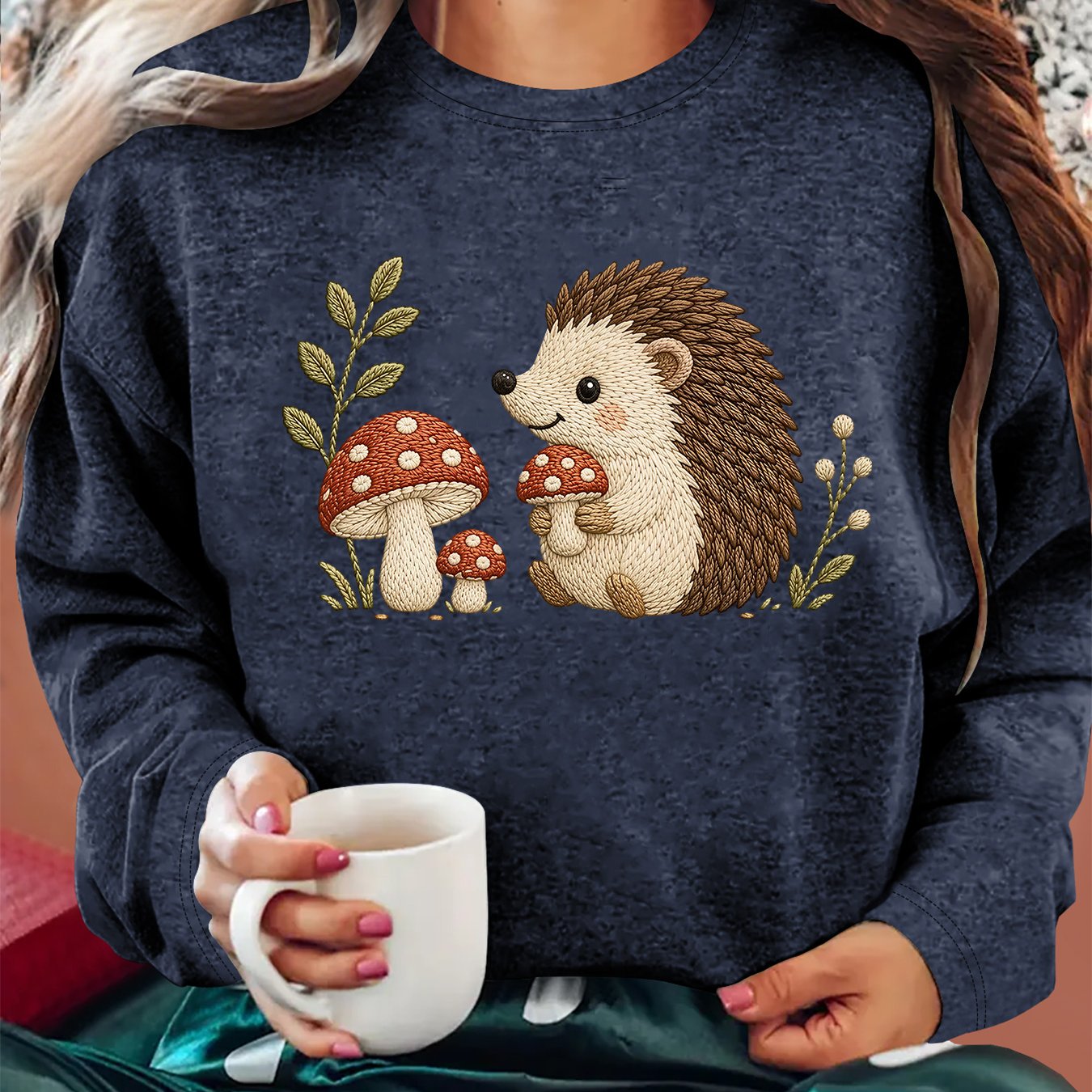 TEMU 2026 Women's Renewal: Ladies' Autumn/winter Clothing, Mushroom, Grass, And Hedgehog -embroidered Cartoon Print Crew Neck Long Sleeve T-shirt,