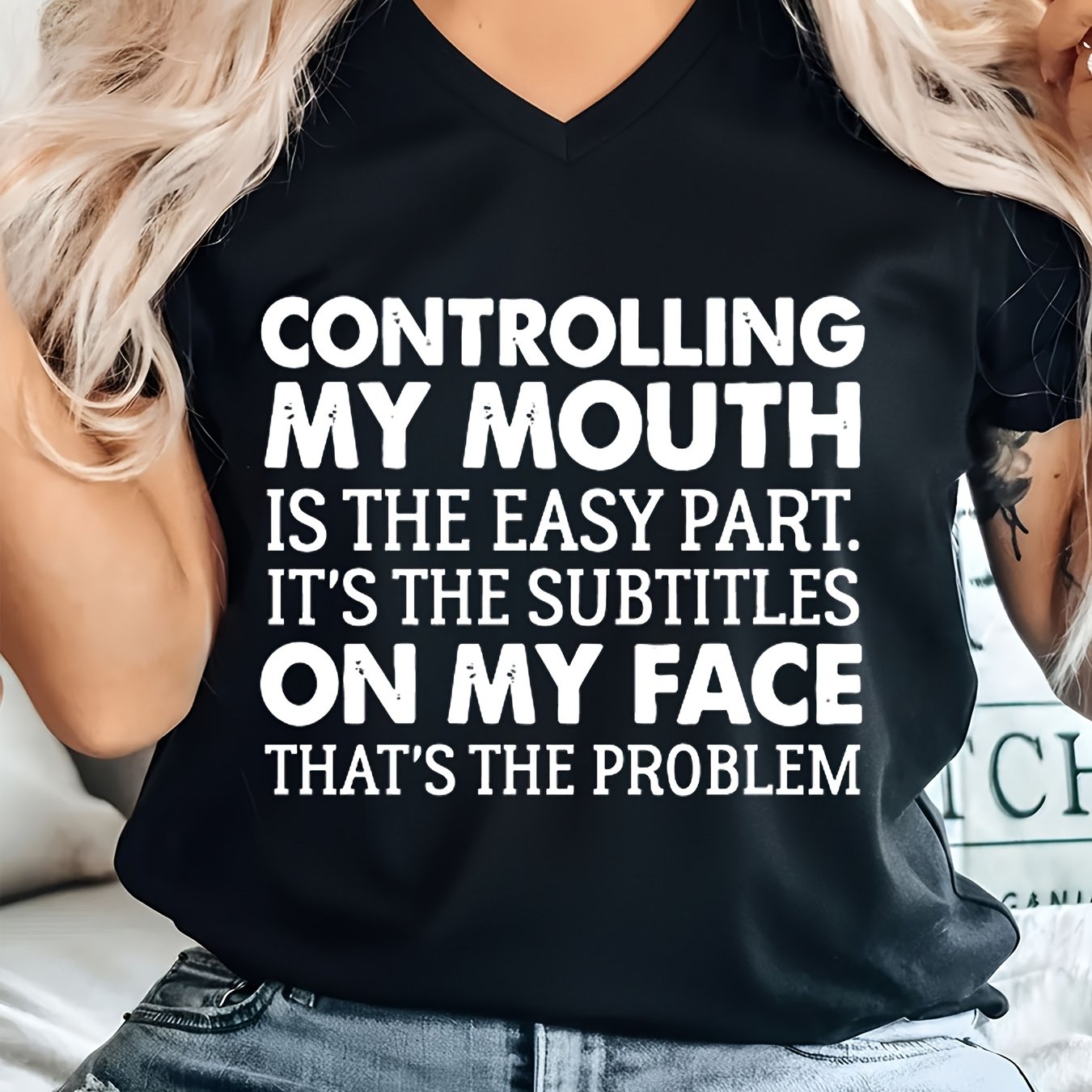 TEMU Plus Size - Plus Size - V Neck Graphic T Shirt Women Loose Fit Summer Top Serif Distressed Text All Caps Humorous Sarcastic Everyday Wear