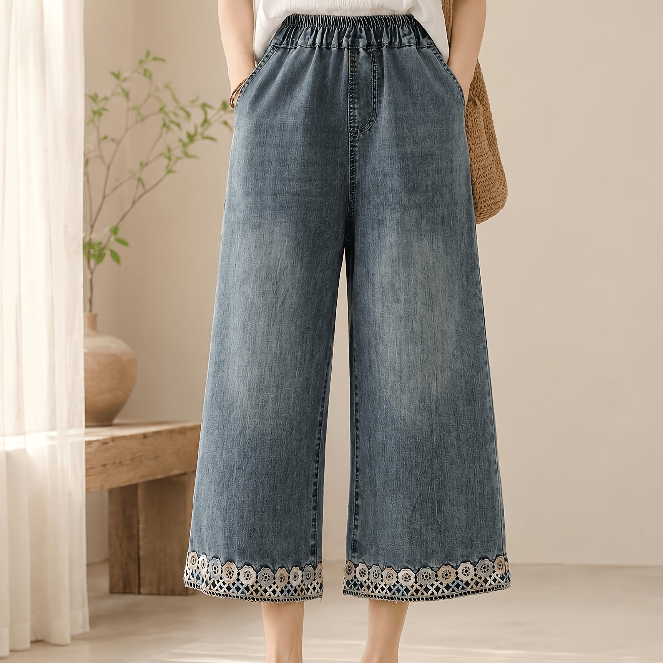 Cute Embroidered Lightweight Cropped Straight Leg Jeans For Women, Elastic Waist Jeans For Spring Summer And Autumn With Hem, Denim Capris For Everyday & Formal Out Fits
