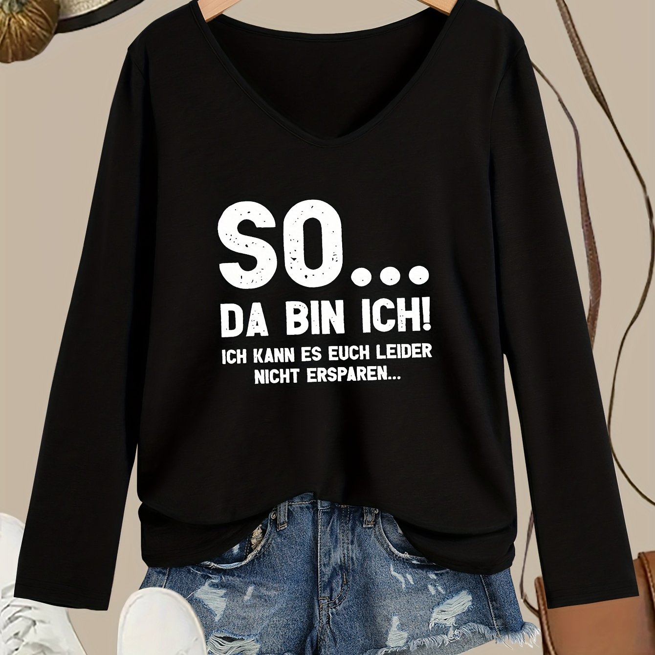 /winter V-neck Letter Print Pullover Long Sleeve T-shirt_5139