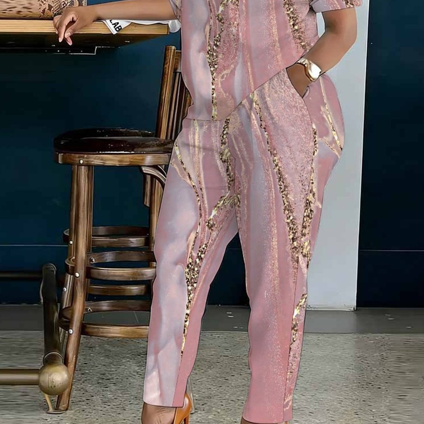 Image of Plus Size - Light Luxury Marble Texture Printed Large Size Women'-piece Set, Including Short-sleeved Top With Elastic Waist And Long Pants, Perfect For Home, Leisure, Shopping, And Fashionable Outfits