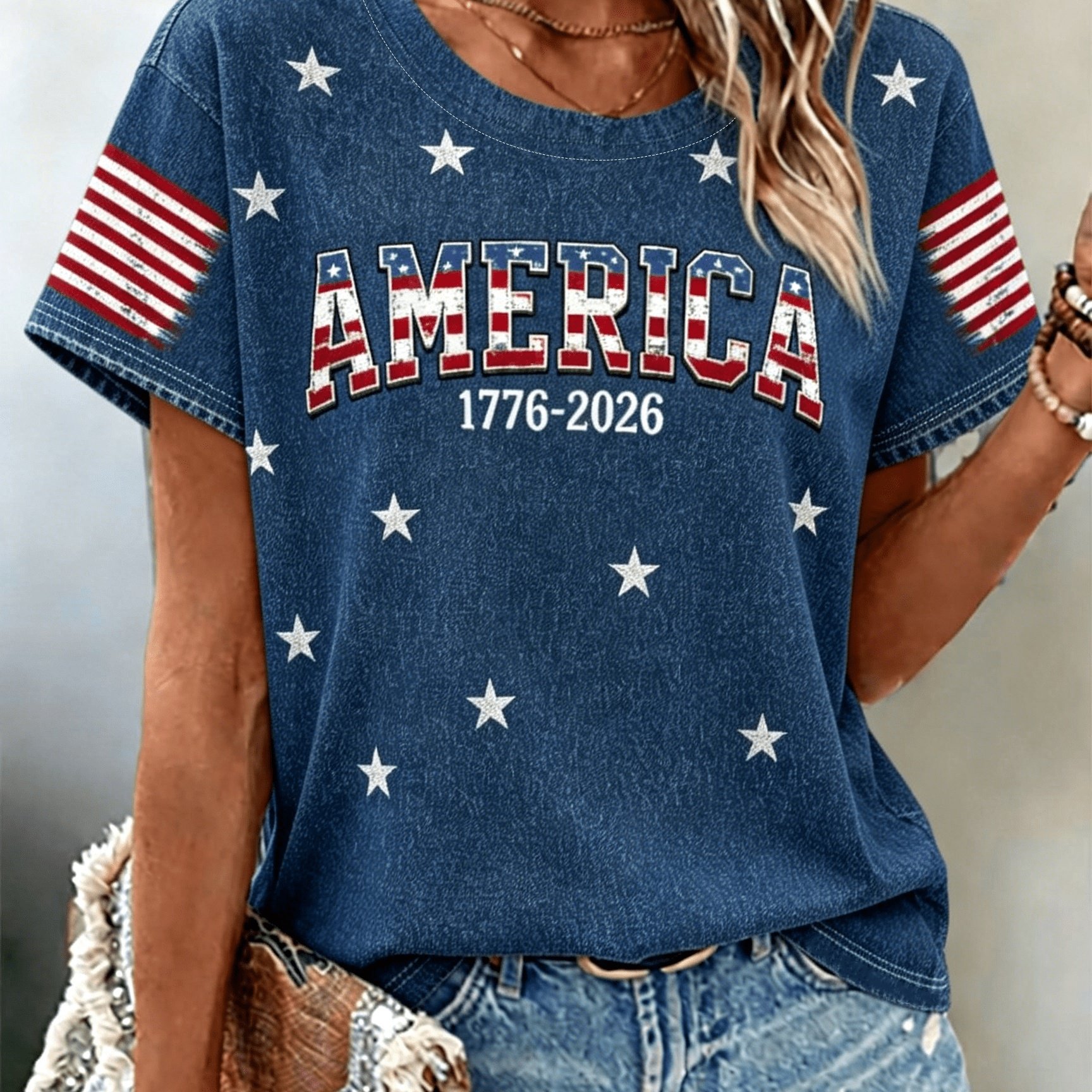 TEMU Women's Summer T-shirt With Vintage Distressed And Sleeve Stripe Pattern - Crew Neck Short Sleeve Tee, Suitable For , Daily Casual Wear, And