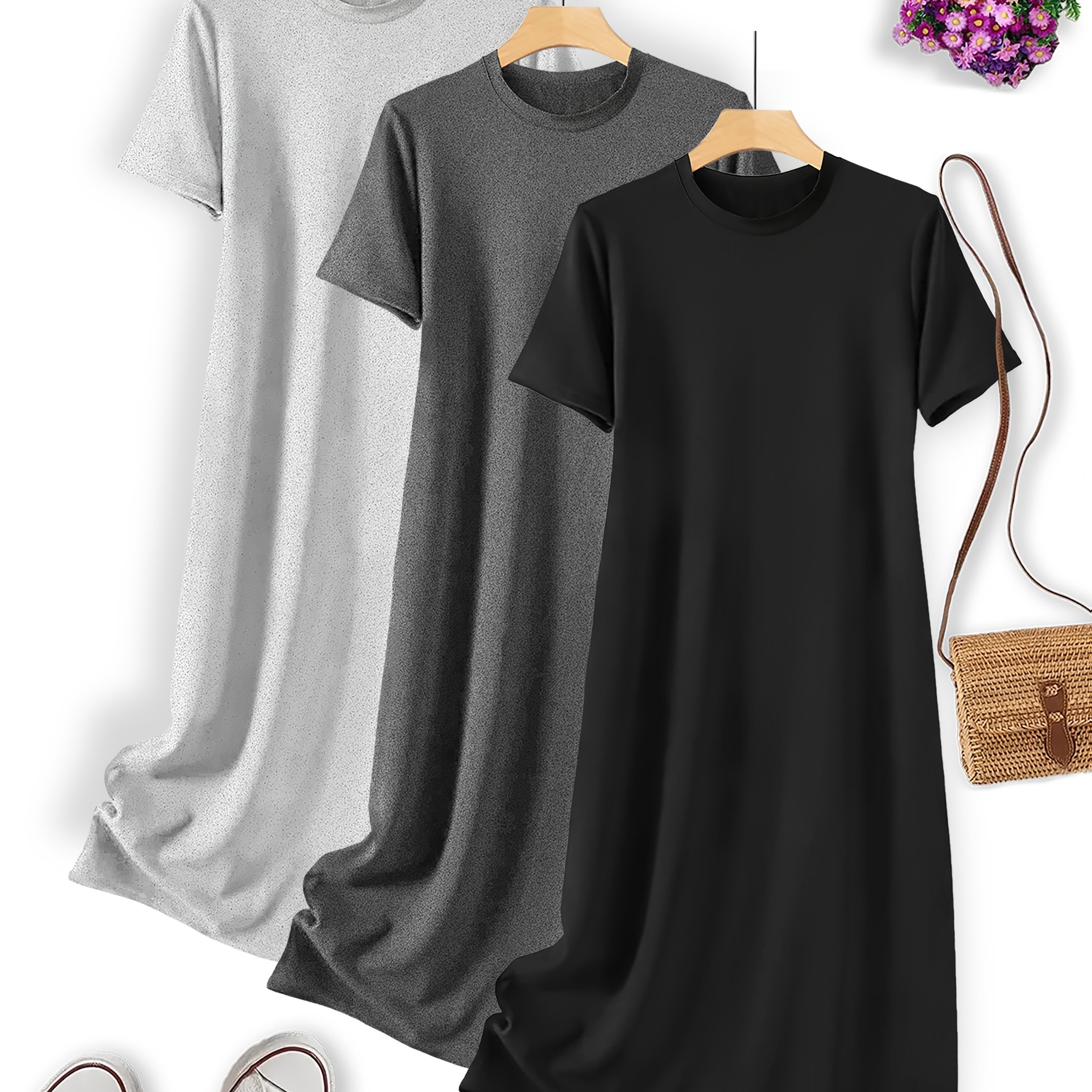 Image of Women's Summer Dress, 3pcs Round-neck Short Sleeve Dress, Elegant Beach Dress For Women, Vacation Maxi Dress, Cool And Comfortable, Perfect For Outdoor And Travel Wear, Women's Clothing