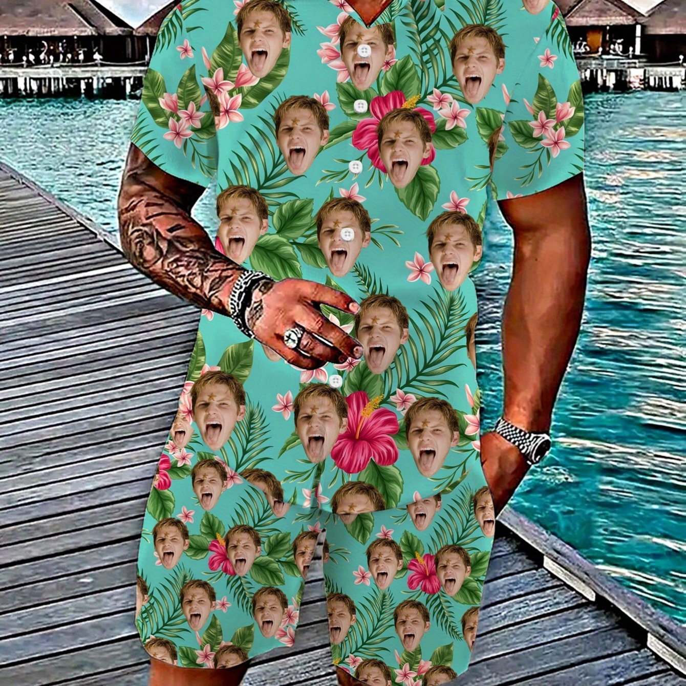 TEMU Men's Custom Hawaiian Shirt Set, Customizable Face Print, Shirt And Shorts, Beach Or Party Casual Wear, Beach Apparel | Print | For Summer