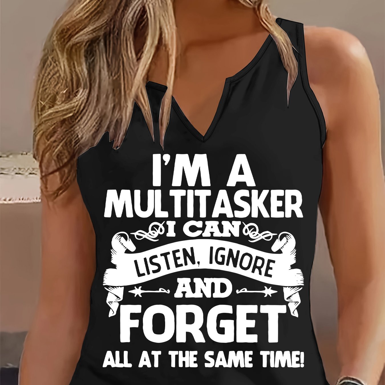 TEMU (052#) Women's Fashion Top, Fun Slogan V-neck Sleeveless Vest, Casual Versatile Breathable Comfortable Top
