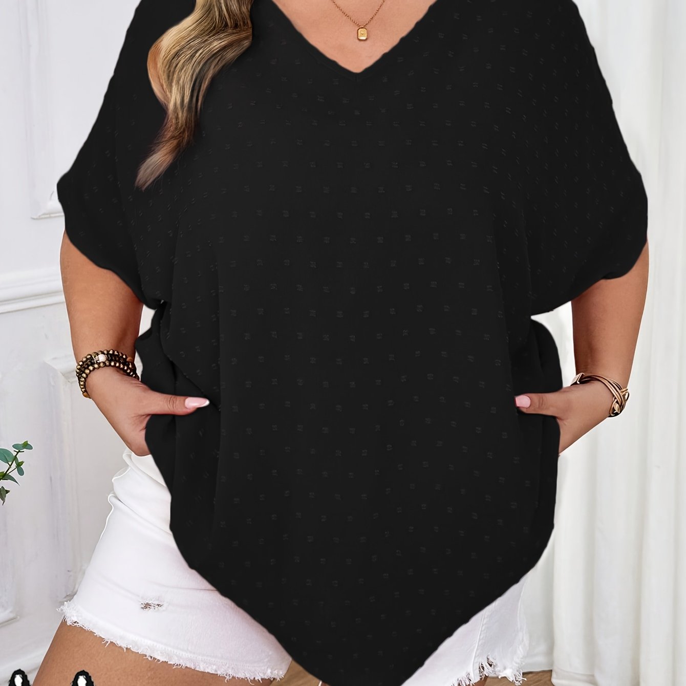 Plus Size - Plus Size - Women's Plus Size V-neck Batwing Sleeve Summer Casual Top