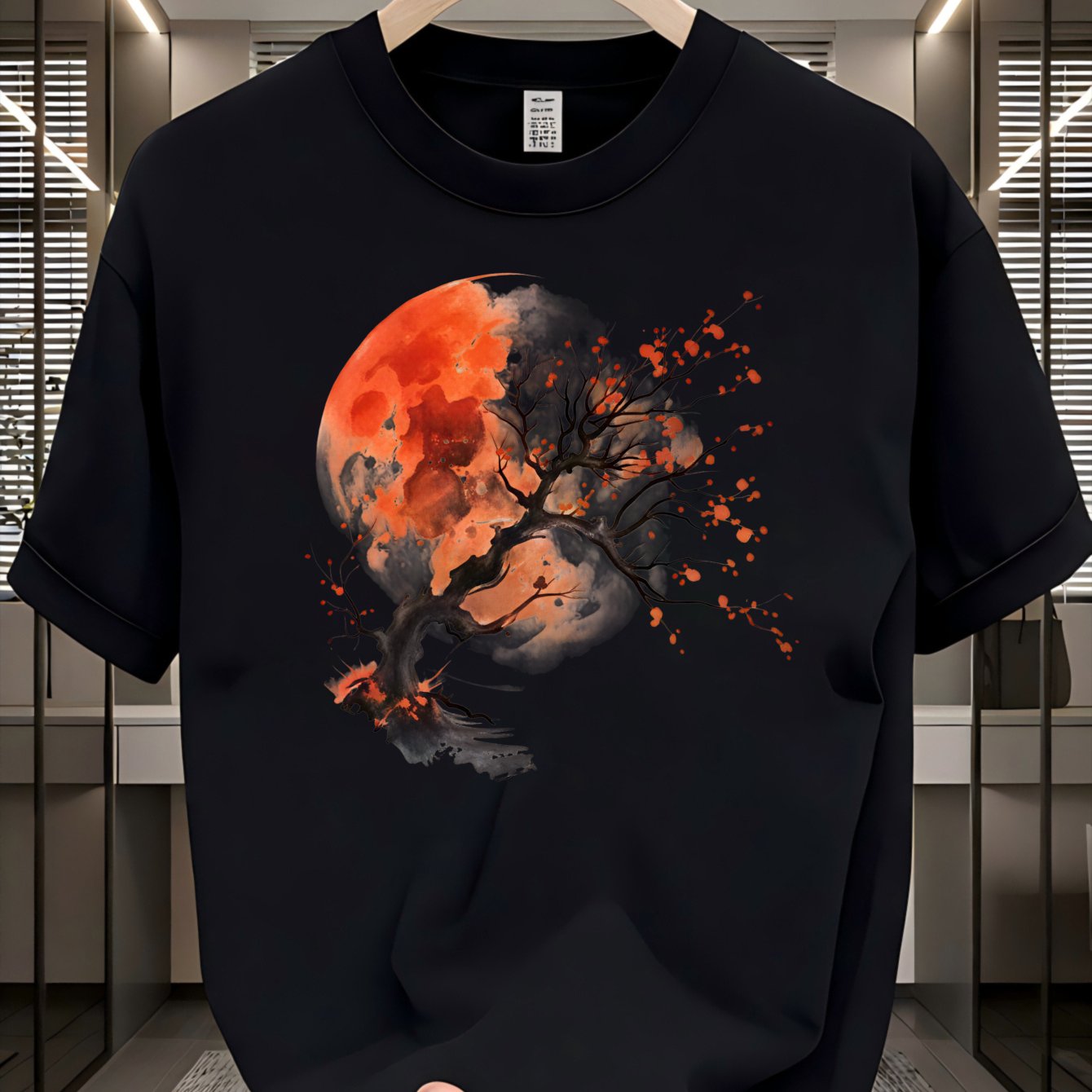 Image of A Design Featuring A Red Moon And Tree Pattern On Percent Pure Cotton T Shirt With Men's T Shirt High Quality Washed No Shrinking Premium Cotton T Shirt Perfect For Spring And Autumn Wear Ideal