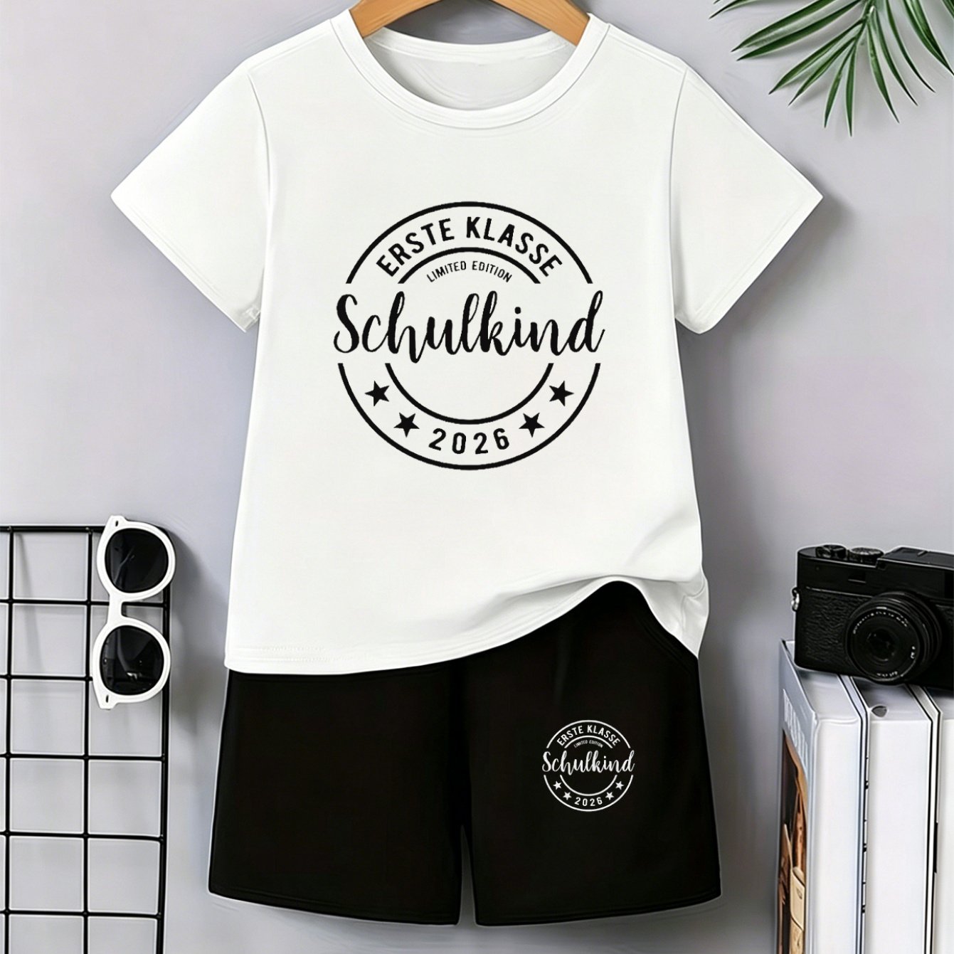 Image of Boys 2pcs Outfit Set, Short Sleeve Crew Neck T-shirt& Shorts, Kids Casual Summer Clothes, Breathable Soft Daily Wear, " Schulkind 2026" Graphic Tee, German Back To School Print, Perfect For Outdoor