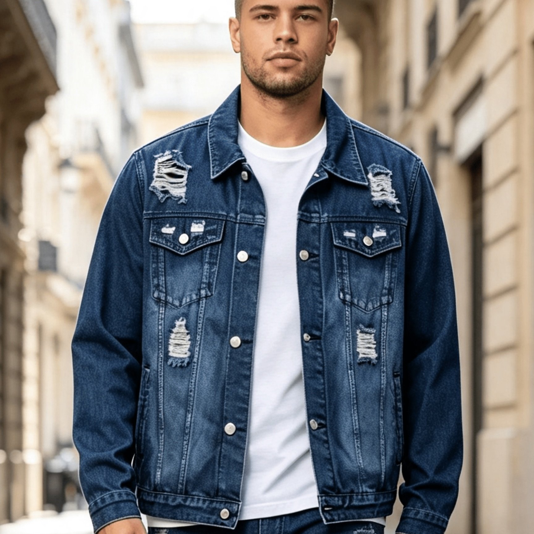 TEMU [hme]118 New Autumn Men's Denim Jacket, Amekaji Fashion Retro Style, Heavy Washed Vintage Ripped Design, Three-dimensional Tailoring Spliced