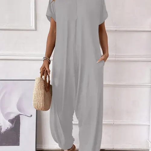 womens lightweight purple jumpsuit with pockets casual round neck short sleeve wide leg design for spring summer leisure 100 polyester machine washable scacto
