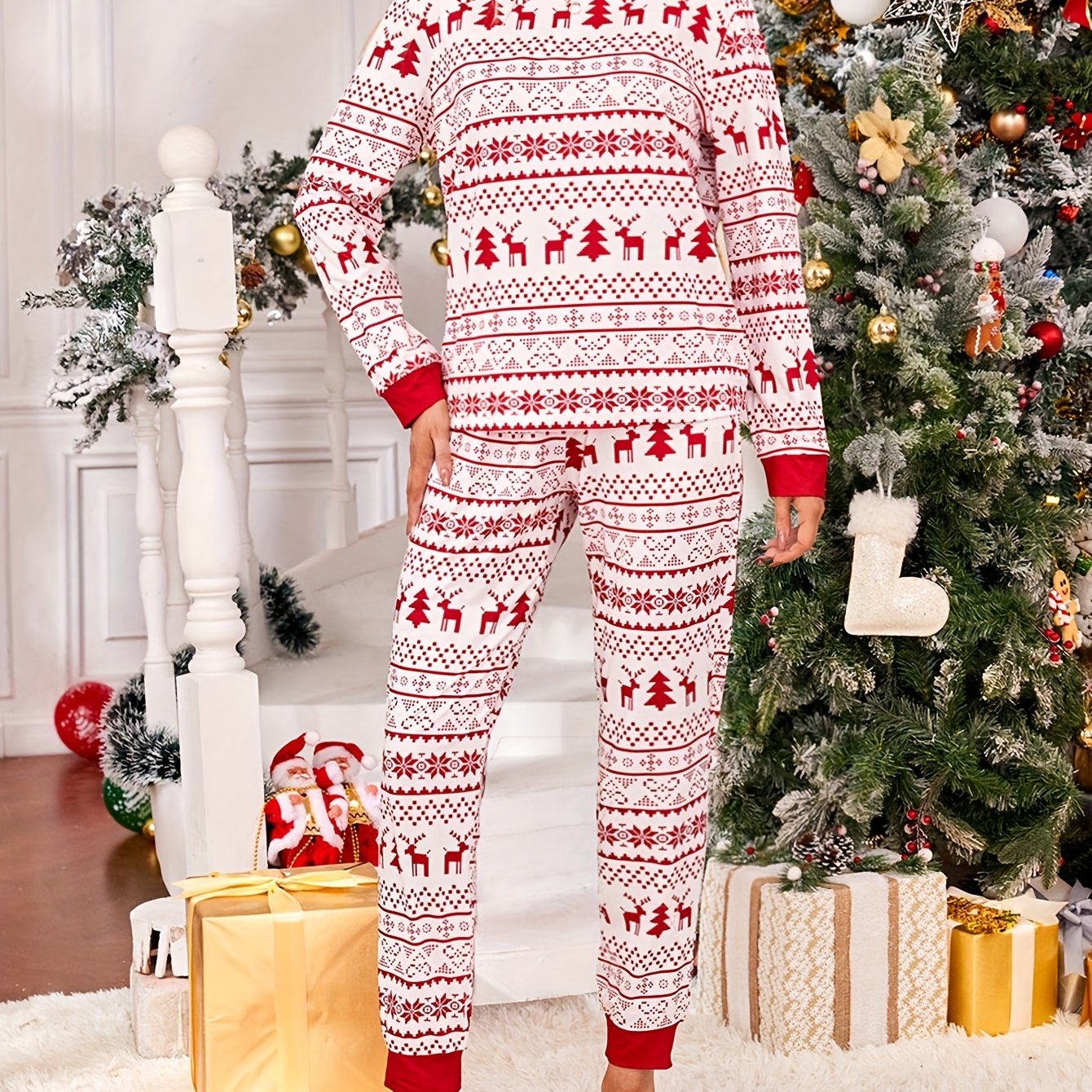 TEMU Cozy Women's Christmas Pajama Set - Print, Long Sleeve & Waistband, Machine Washable, ,