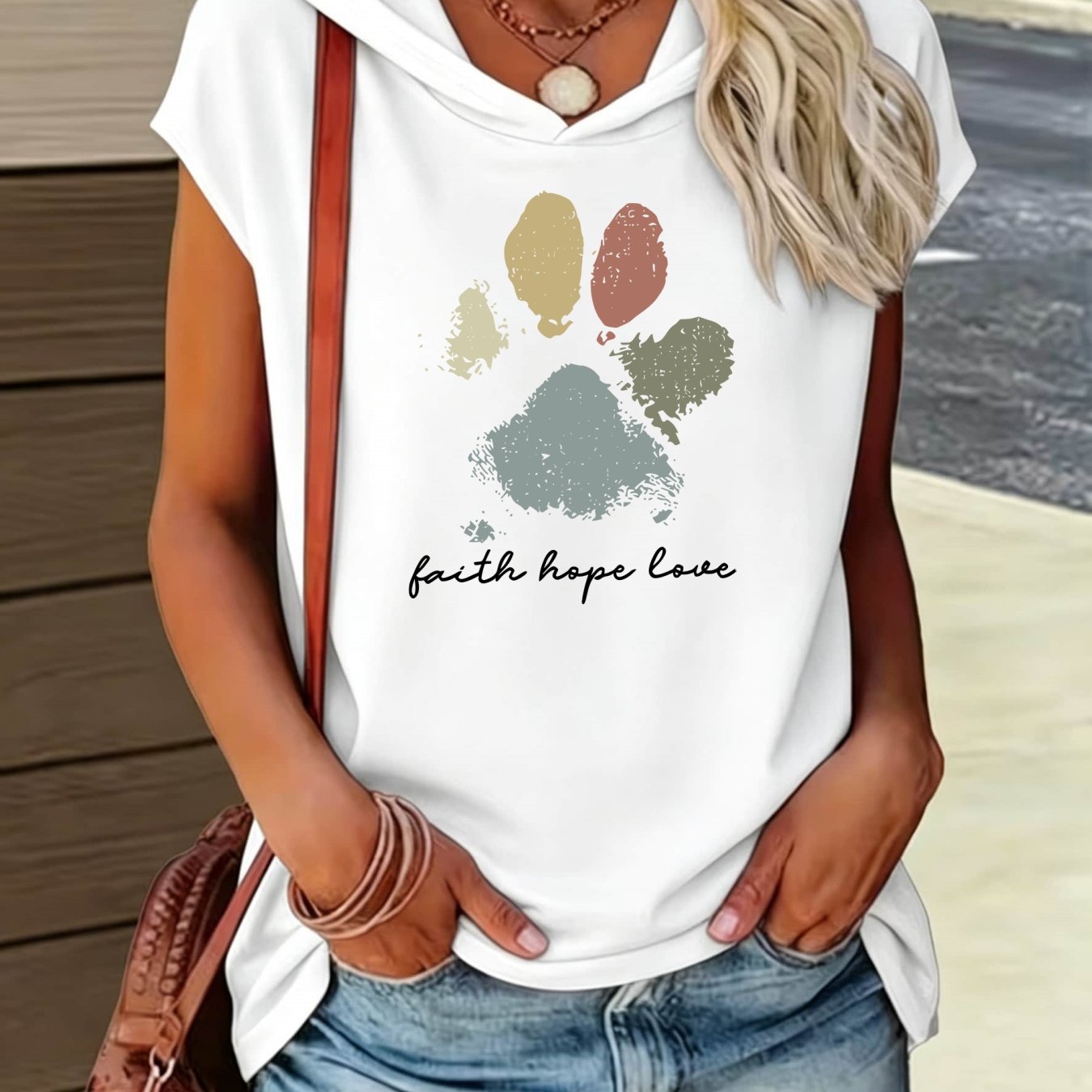 TEMU Retro Morandi Claw Print Faith Love Handwritten English Print Hoodie - Summer New Gentle Sweet-cool Casual Ladies Top