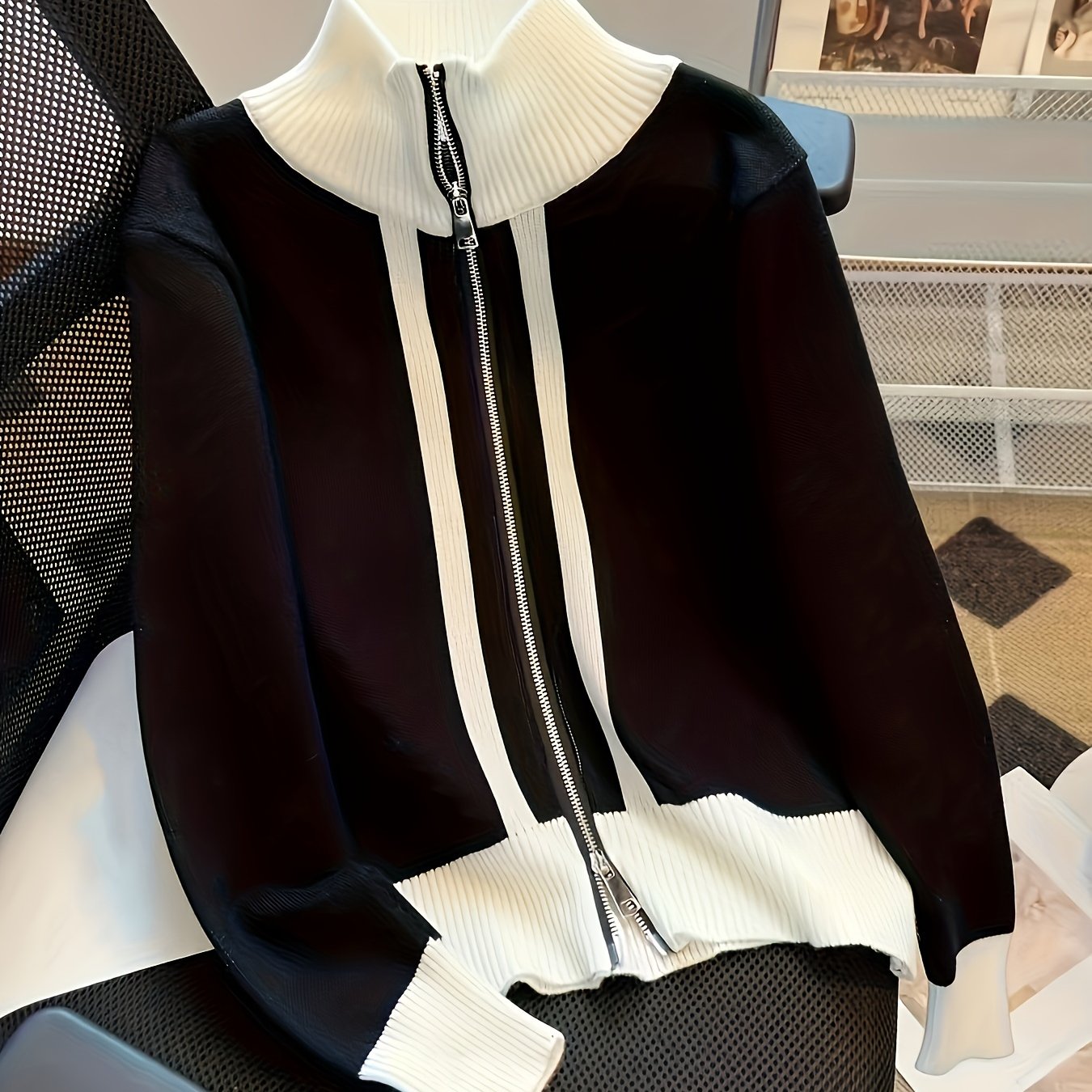 TEMU 【商品名】ダブルジパーカートップ レディース 秋服 シック アウター デザイン コン ネック セーター