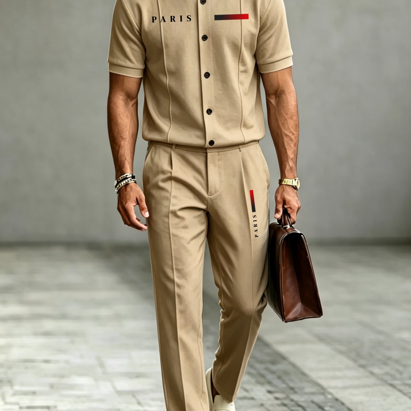 2pcs Set: Men's Business-casual Printed Button-up Jacket (short Sleeve) With Matching Trousers - Multiple Colors