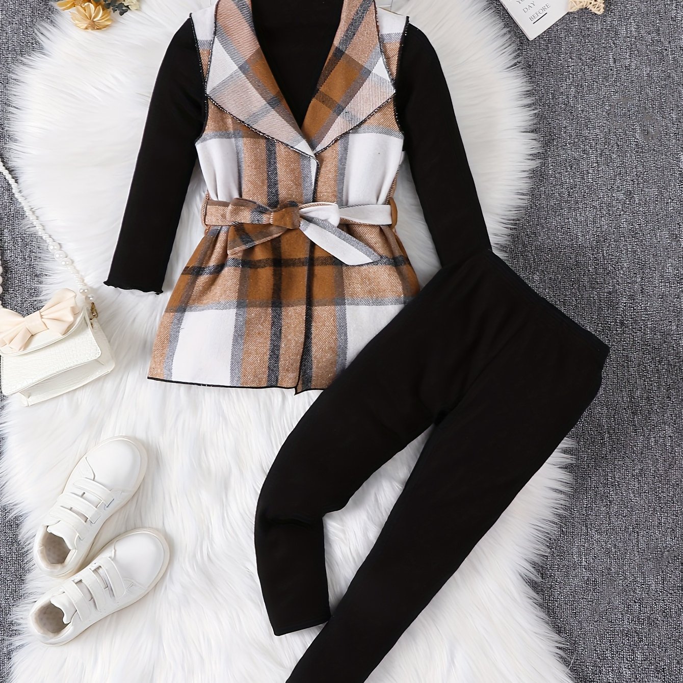 Image of 3pcs Set Of Girls' Fashion Casual Fabric Vest And Knit Round Neck Long Sleeve Base Layer And Pants, Autumn Winter, For Outdoor, Christmas, Halloween