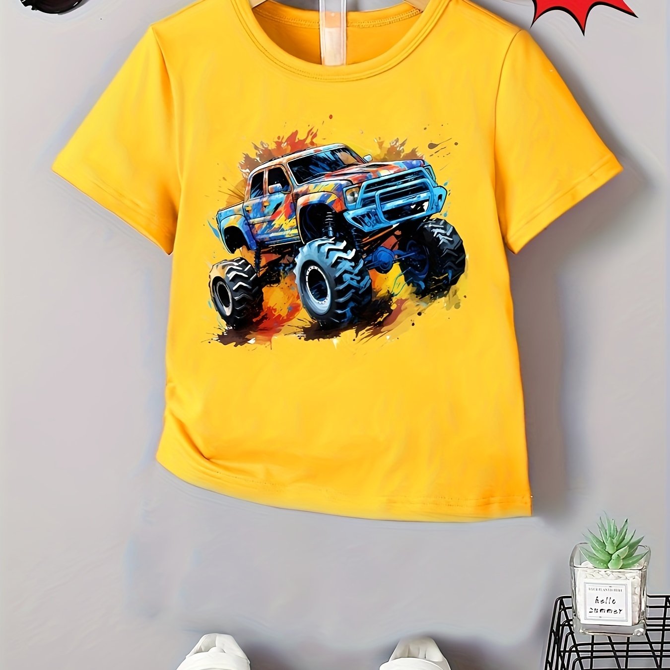 Image of Summer Boys' Fashion Kids' T-shirt With Off-road Vehicle Graffiti Print, Cute Short Sleeve Casual Top