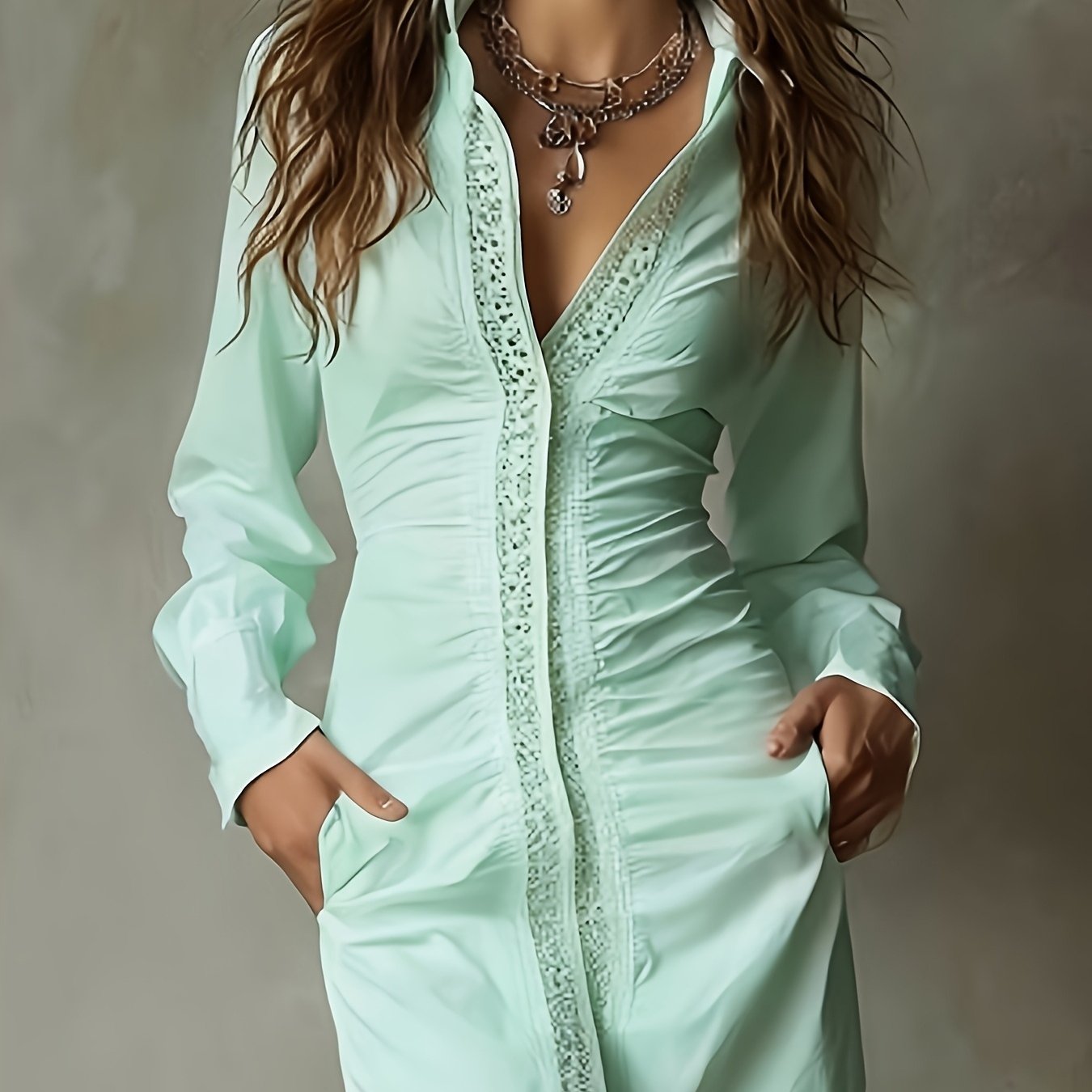 [shirt Dress] Women's Lace-trimmed Dress- Elegant And Beautiful- Solid Color Dress, Suitable For Casual Attire And Summer Suitable For Occasions Such As Office Work