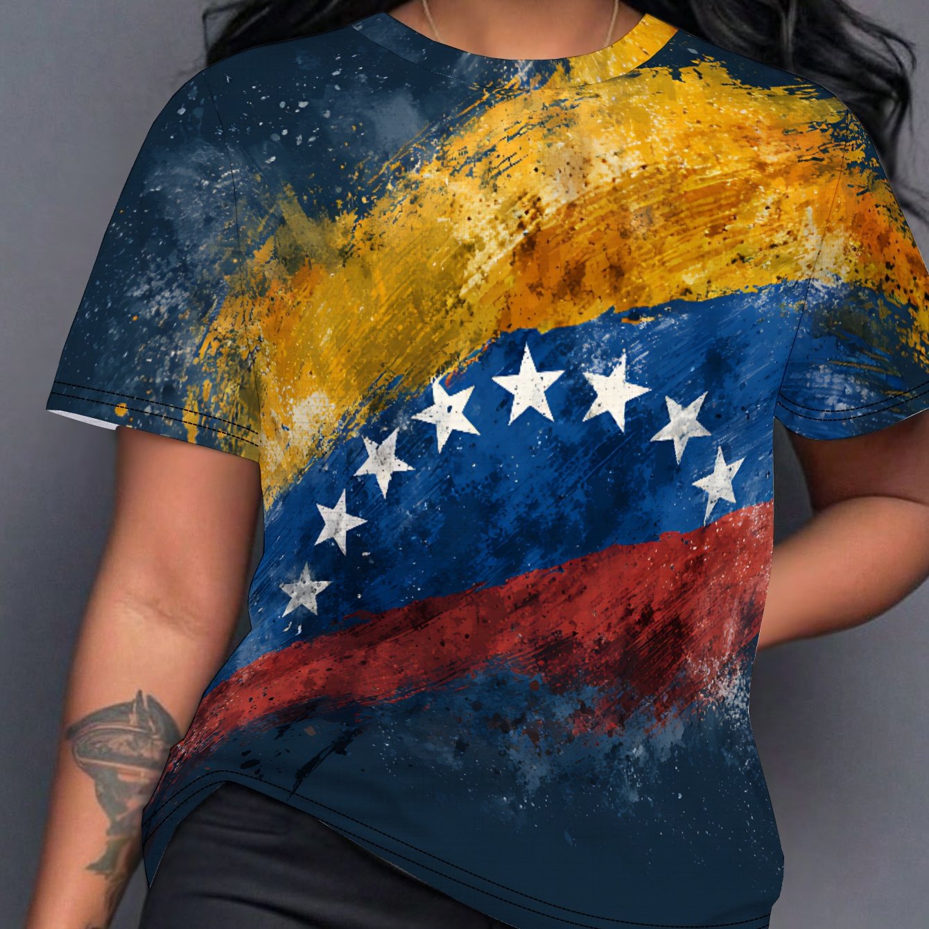 TEMU Top versátil con estampado para mujer, camiseta de moda con cuello y de venezolana, camiseta de mujer con diseño de impresión digital, corte