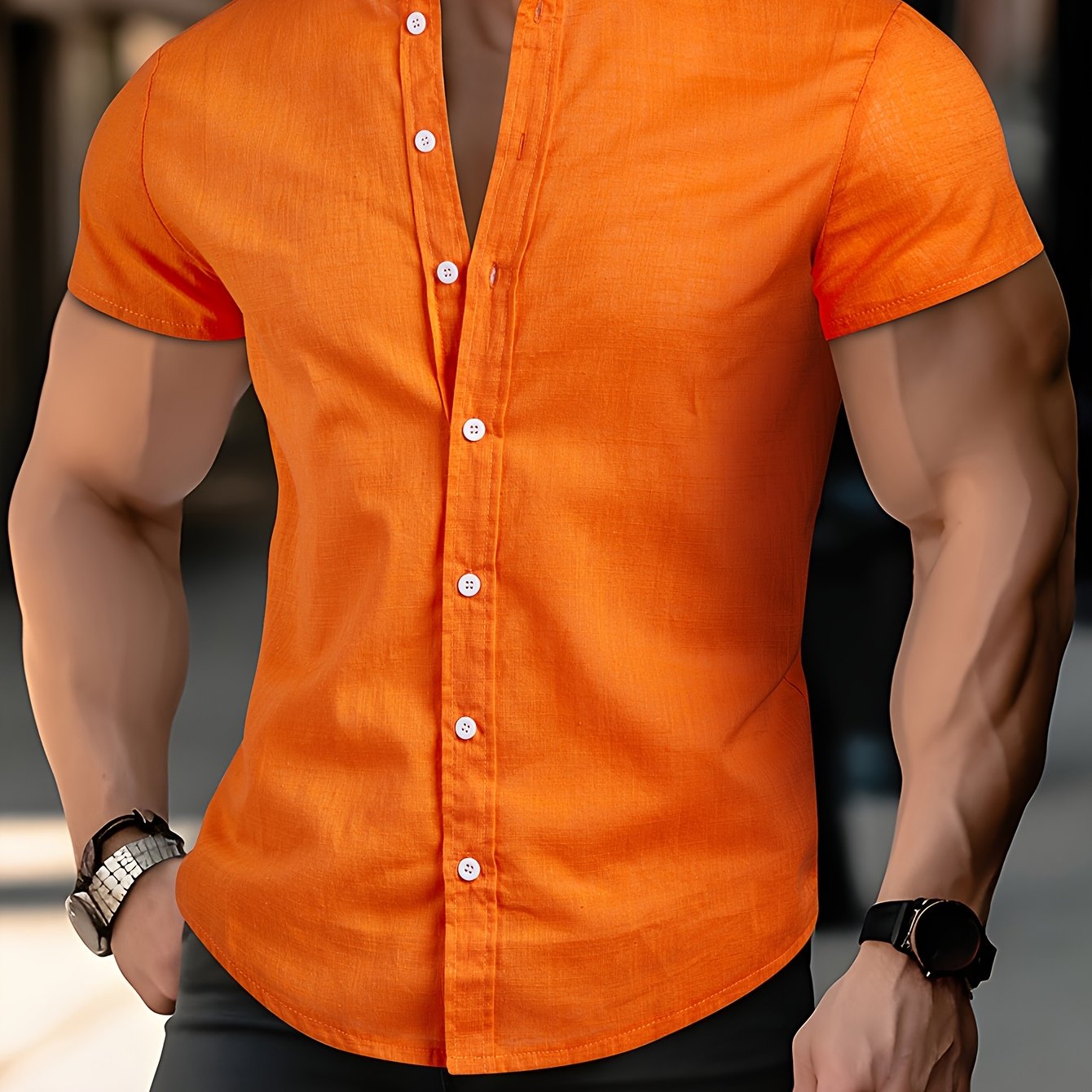 Image of Men's Short Sleeve Shirt - Casual Stand Collar, Solid Color, Machine Washable - Perfect For Summer , Leisure Style, Leisure Outing Occasion, The Body Version, Summer
