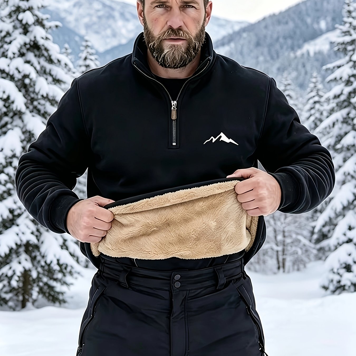 Mens Sherpa Lined Half Zip Sweatshirt, Mountain Logo Print Winter Thermal Warm Outdoor Thick Pullover Shirts