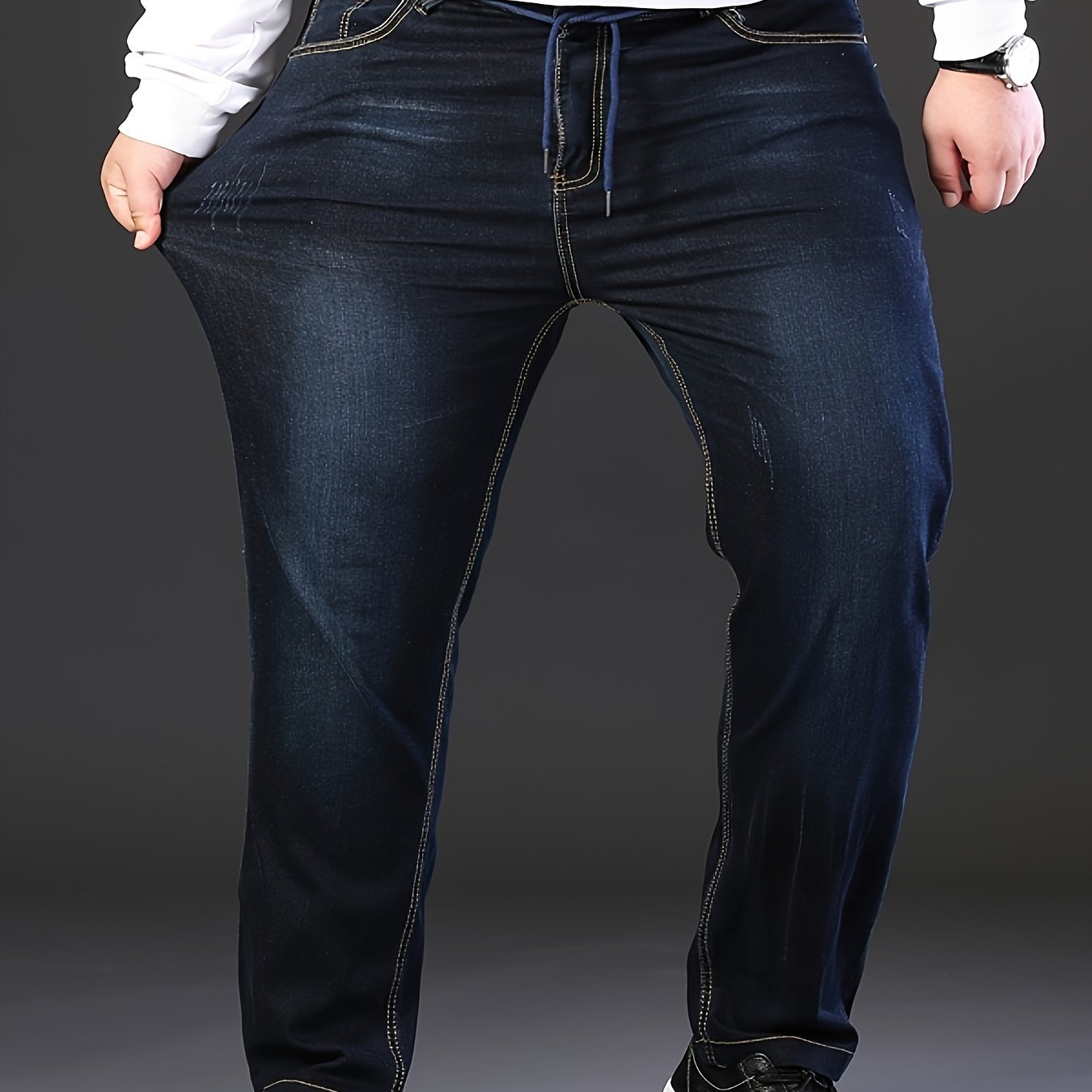 Image of Stretch Ribbed Elastic Waist Plus Size Men's Jeans - Fashionable Business Casual Wide-leg Trousers For Big & Tall, Extra Large To 340 Lbs, Plus Size