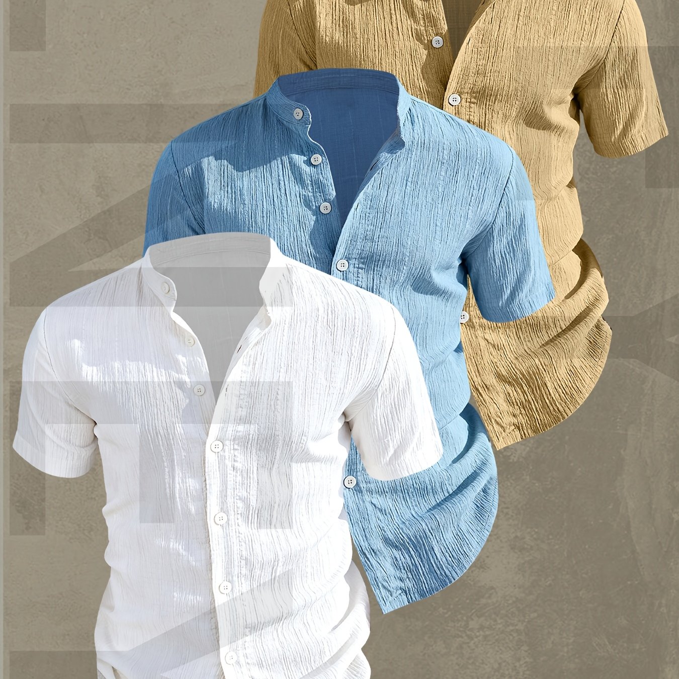 E-shop [Yulei Reis OBM] 3er-Pack Herren Sommer Kurzarmshirts | Leichte, atmungsaktive, einfarbige Button-Up Freizeitshirts mit Stehkragen,