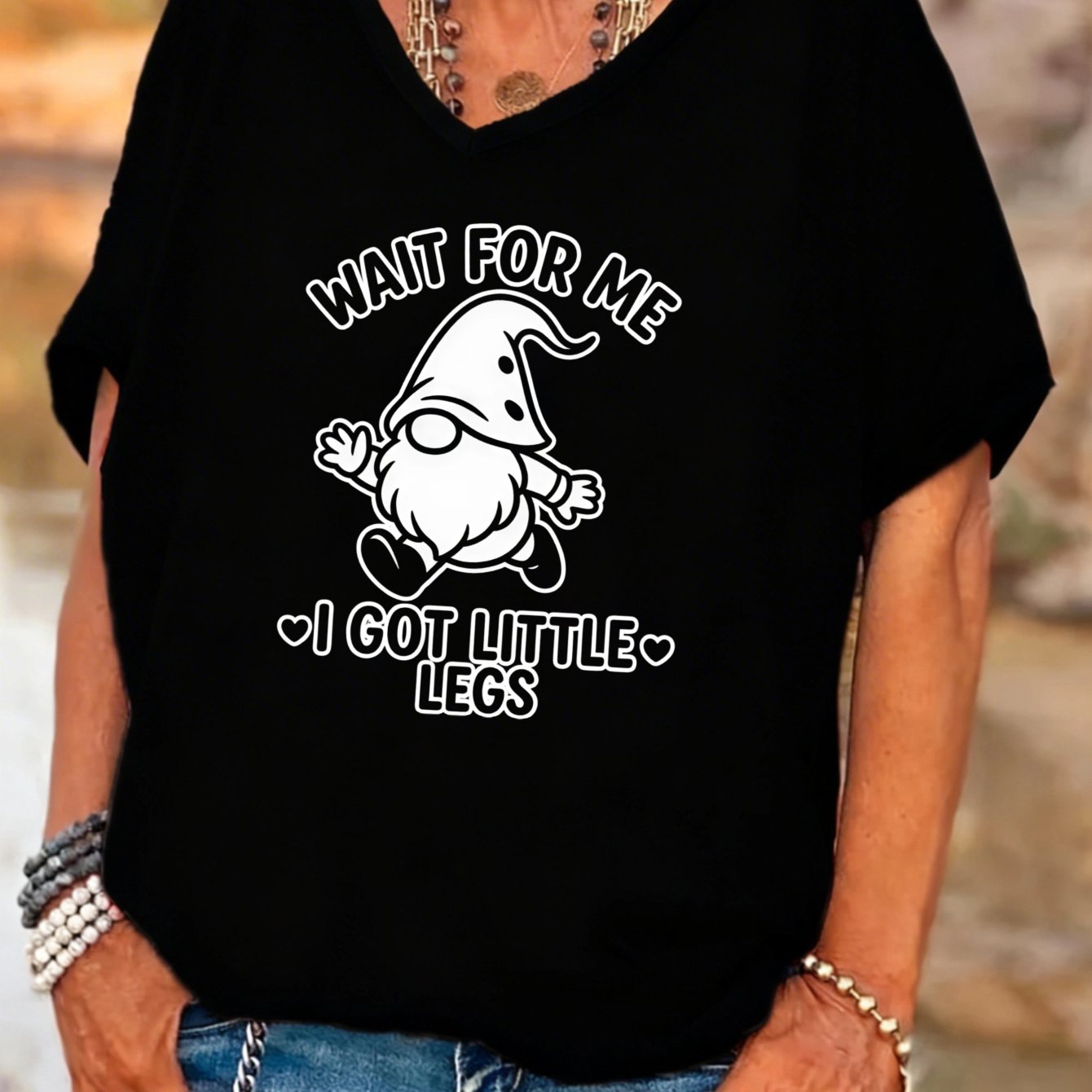 TEMU Plus Size Casual Fashion Women's V-neck Batwing Sleeves T-shirt Gnome Little Legs Graphic Print Summer Autumn Outfit Gift For Mom