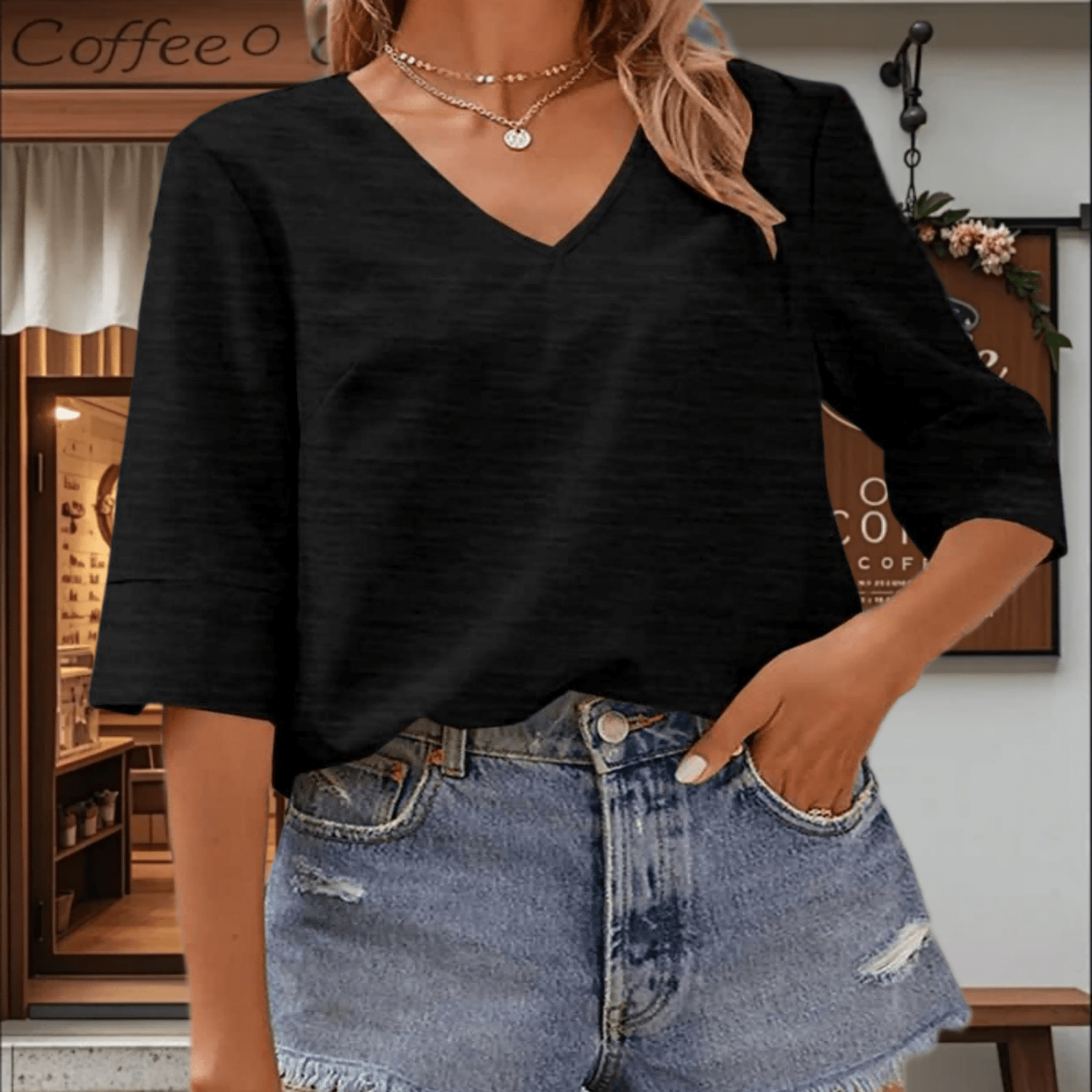 Image of Women's Spring Summer Solid V-neck Half Sleeve Loose Basic Casual T-shirt Tops