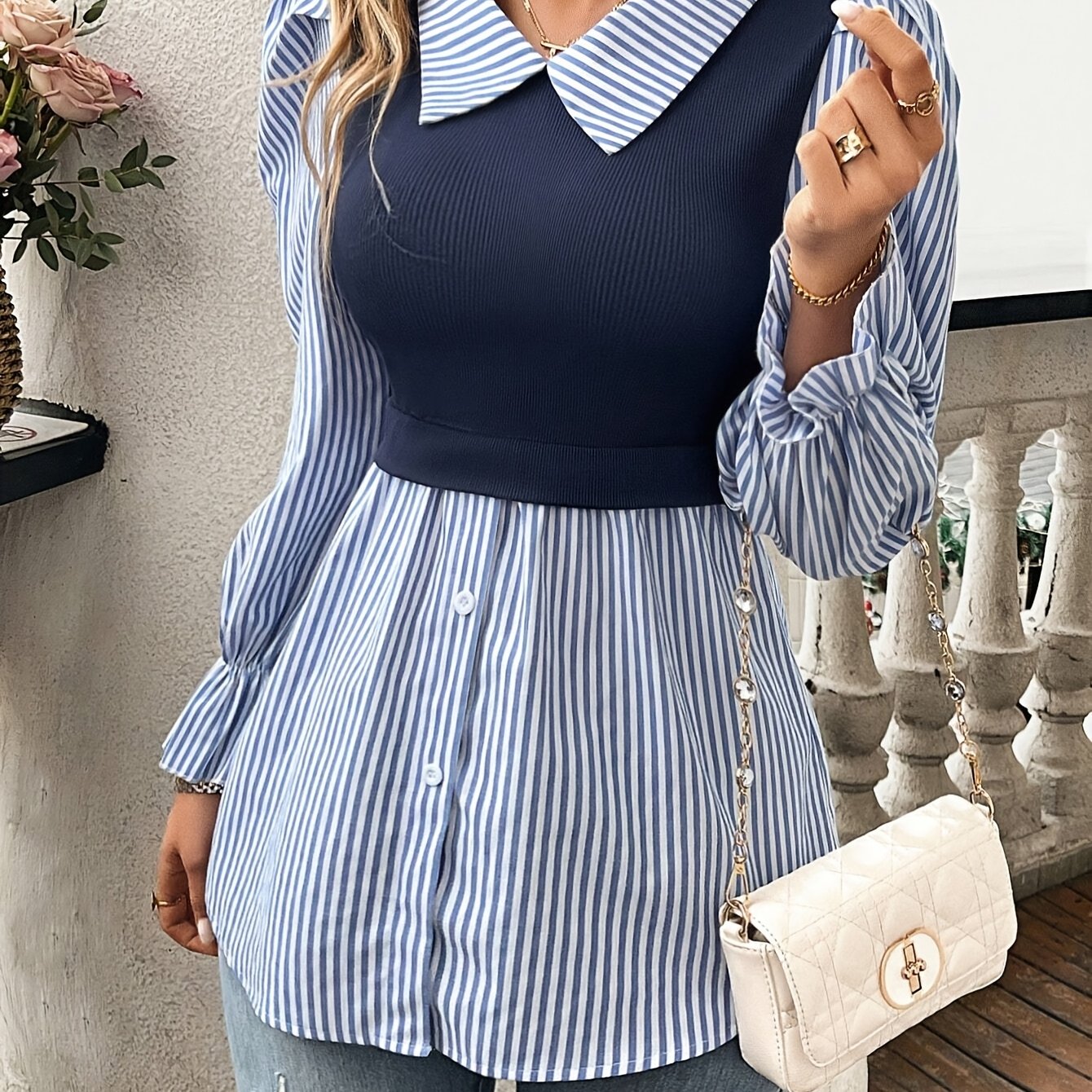 TEMU Camisa de Mujer de Larga con Solapa, Rayas Azules y Blancas, Blusa Holgada y Ajustada