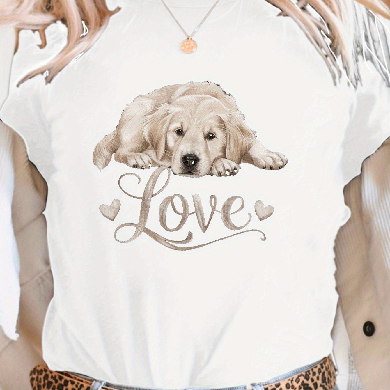TEMU Golden Retriever Puppy Print T-shirt, Short Sleeve Crew Neck Casual Top For Summer & Spring, Women's Clothing
