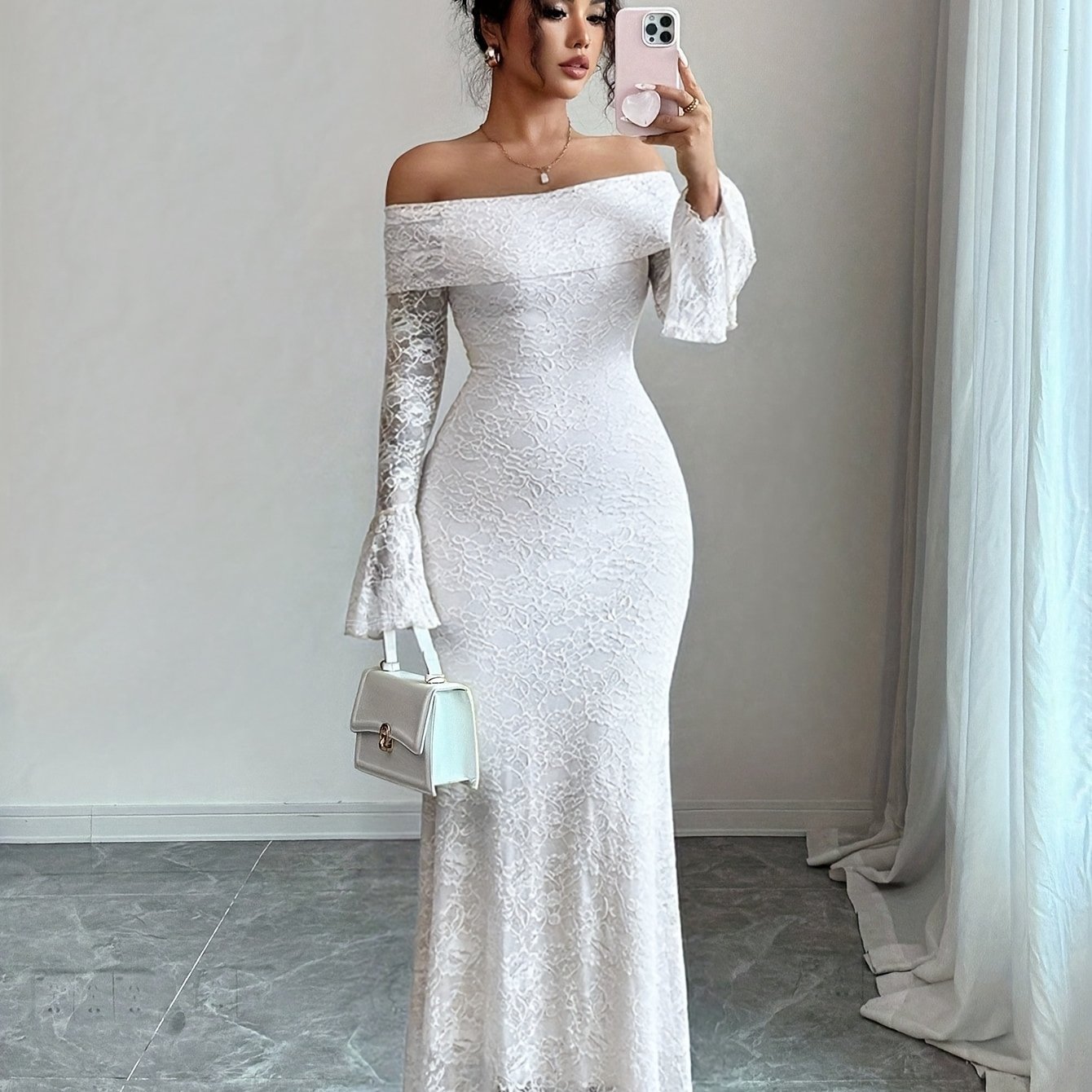 TEMU Elegantes, weißes Damen-Spitzen-Patchwork, schulterfreies, langärmeliges, schmal geschnittenes, temperamentvolles langes Kleid, geeignet als