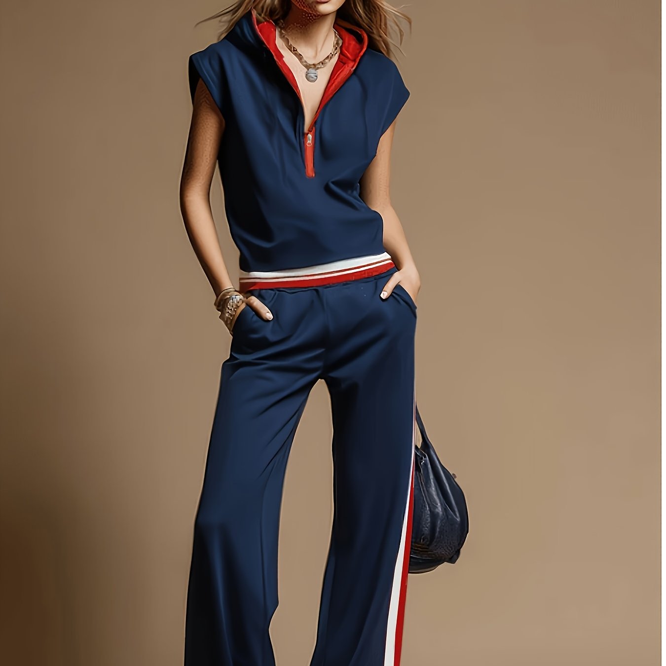TEMU Women's Sleeveless Hooded Sweatshirt Set With Ribbed Trim, Side Stripe Wide-leg Joggers, Vintage Casual 2pcs Set