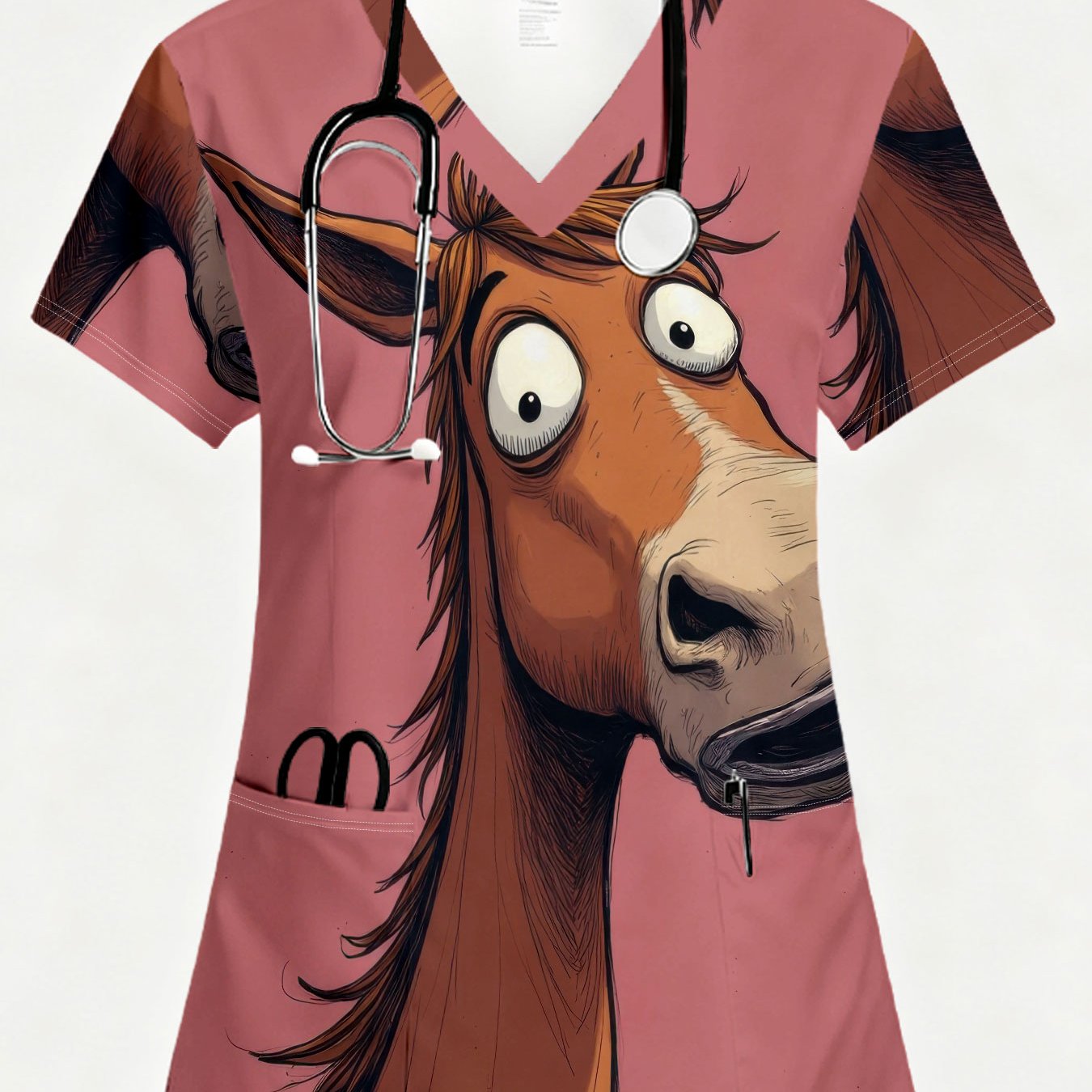 TEMU Elegant Women's V-neck Short-sleeve Scrub Top, Short-sleeve Nursing Apparel With Pockets, Featuring A Cartoon On Pink Background Style, Suitable