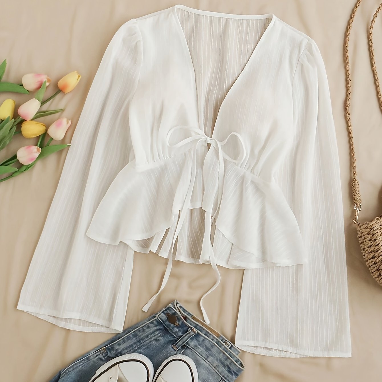 Image of Women's /summer Style Shirt With Neckline Waist Tie, Flared Sleeves, Shirred Hem, And Ruffle Trim For