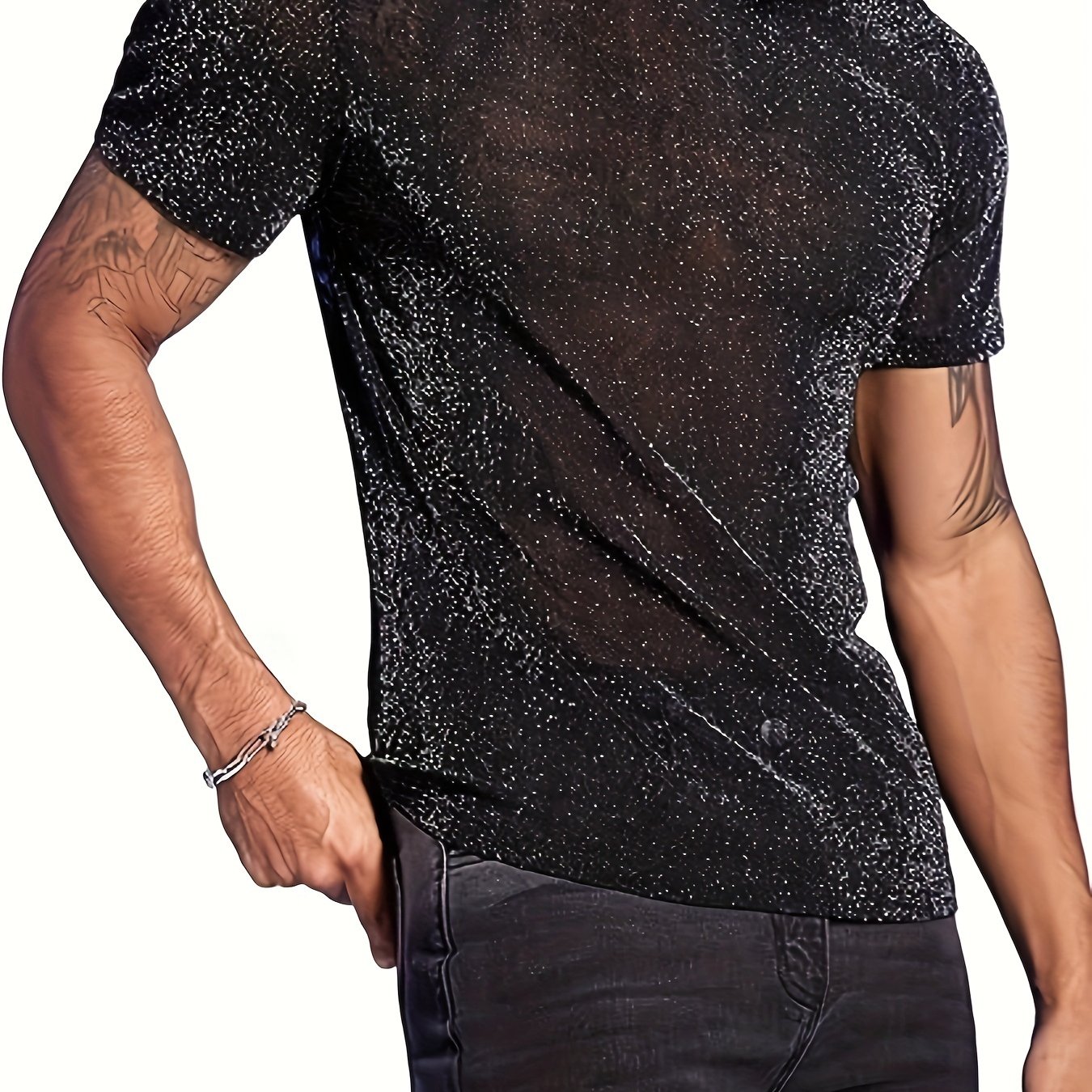 Image of Men's Sexy Semi-sheer Crew Neck Short Sleeve, Polyester, Slim Fit, Sheer Design Tops For Club