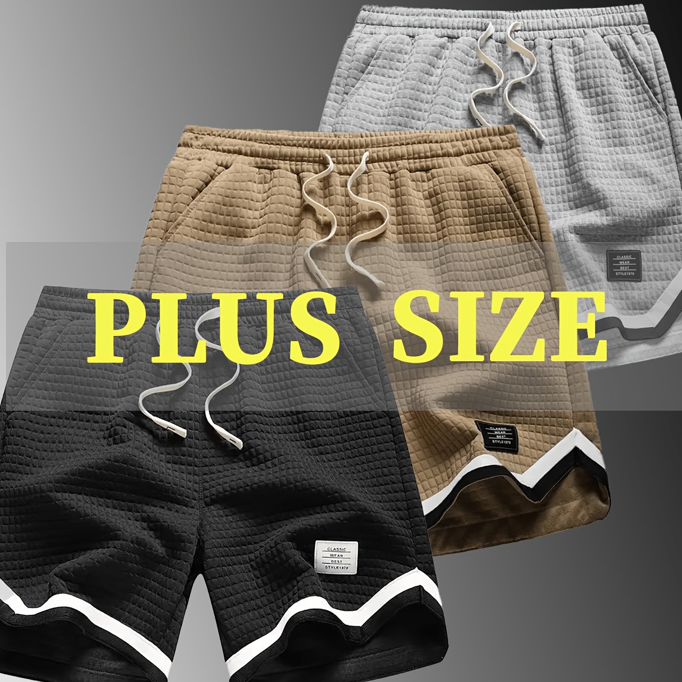 TEMU 3pcs Men's Plus Size Casual Outdoor Waffle Knit Shorts, Men's Plus Size Loose Breathable Bermuda Shorts With Adjustable Drawstring Waist And
