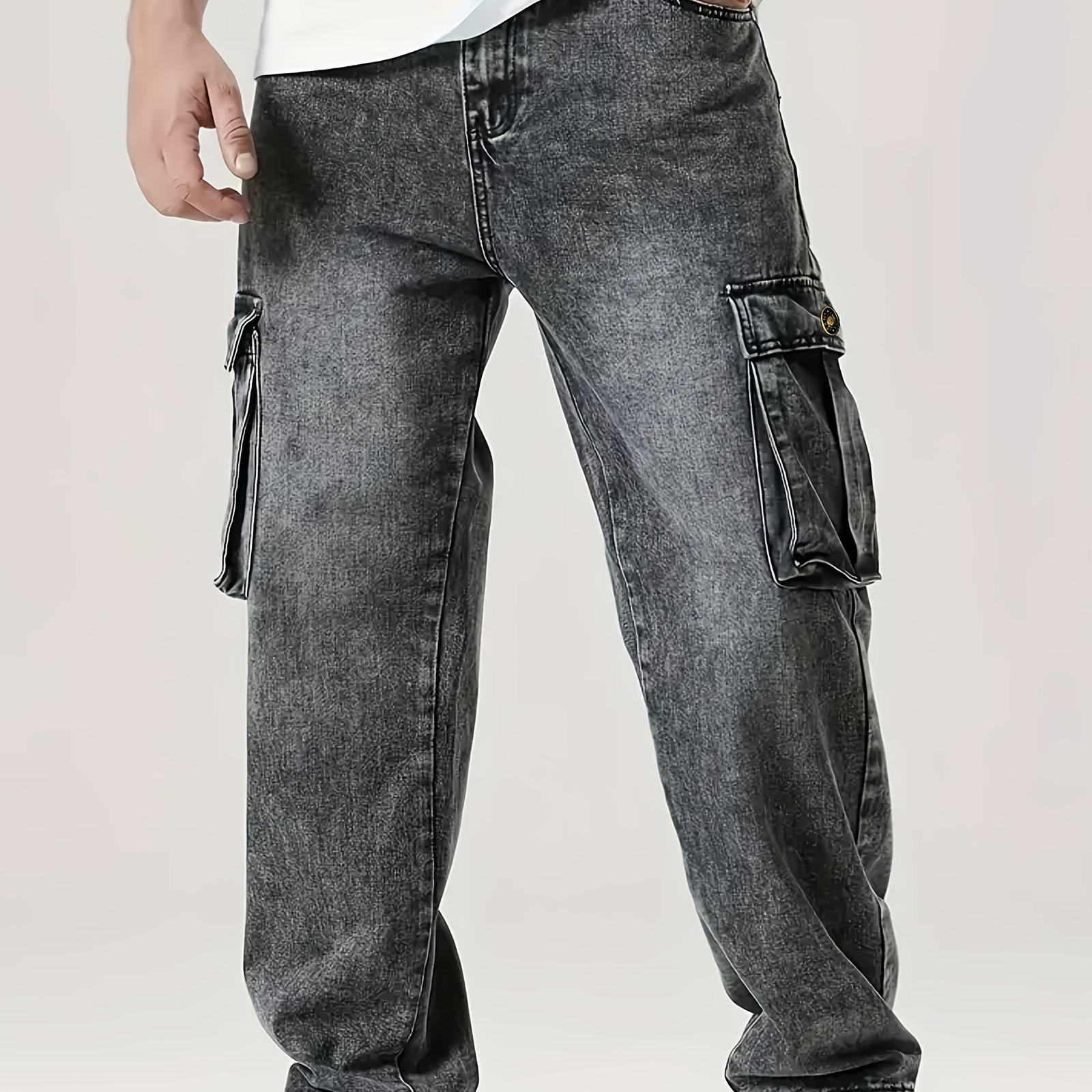 Men's Relaxed-fit Straight Jeans Featuring Spacious Pockets, Faded Work Trousers