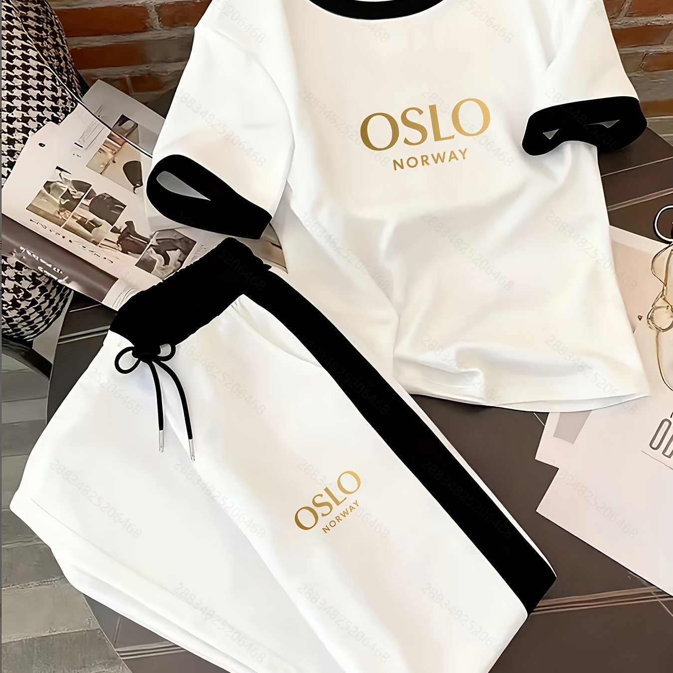 TEMU Cross-border Western Comfortable Casual Two-piece Set, Fresh Ringer Neck Short Sleeve And Loose Wide-leg Pants! Home And Outing Fashion Women's