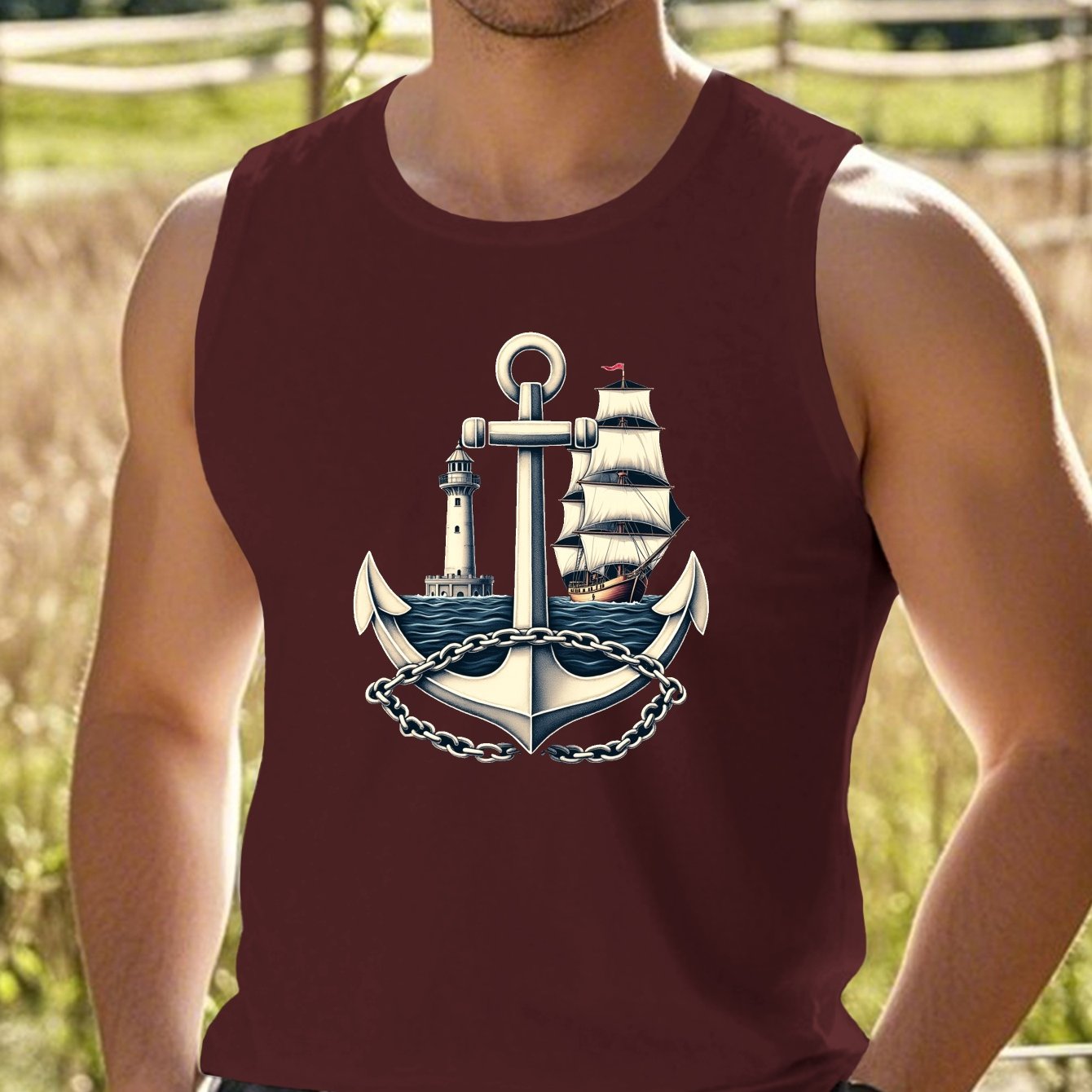 TEMU Men's Plus Size Nautical Anchor And Ship Pattern Tank Top - Casual Maritime Themed Sleeveless Vest, Perfect For Summer, Plus Size