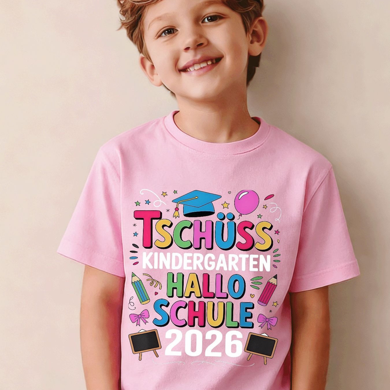 Image of Tschüss Kindergarten Graduation 2026 Boys' And Girls' T-shirt - Adorable And Fun Colorful , Celebrating Of A Year, Suitable For Children, Perfect Gift , Suitable For Holidays