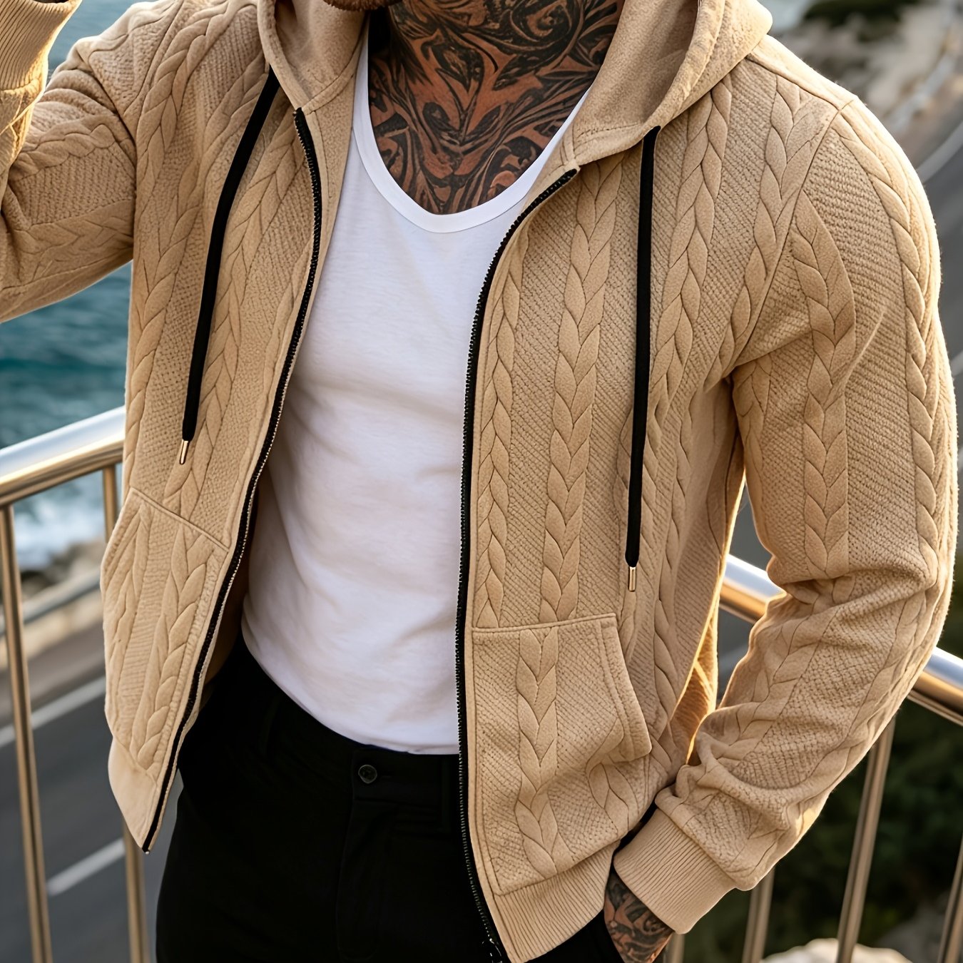 TEMU Meixishao OBM Veste à capuche texturée en câblé pour homme pour automne/hiver, vêtement d'extérieur décontracté en jacquard vintage de couleur