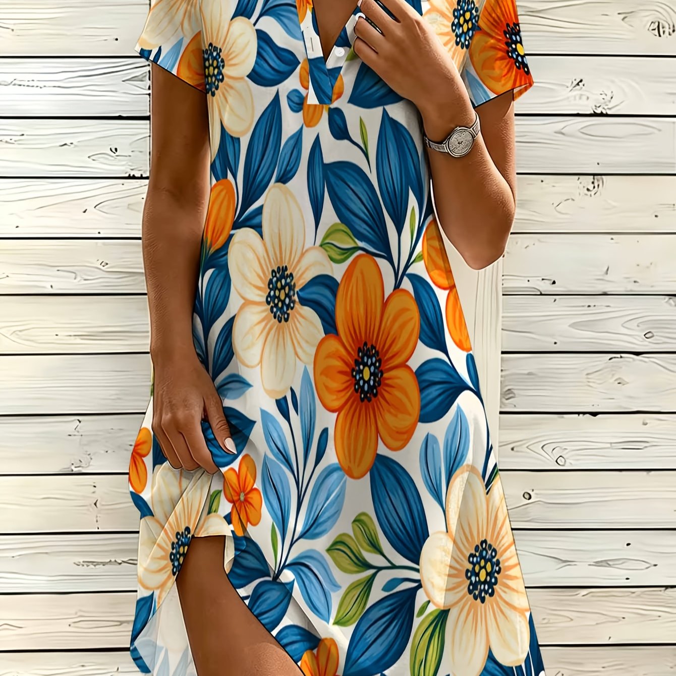 Image of Women's Fashion Shirt Dress, V-neck Button Dress, Hand-painted
