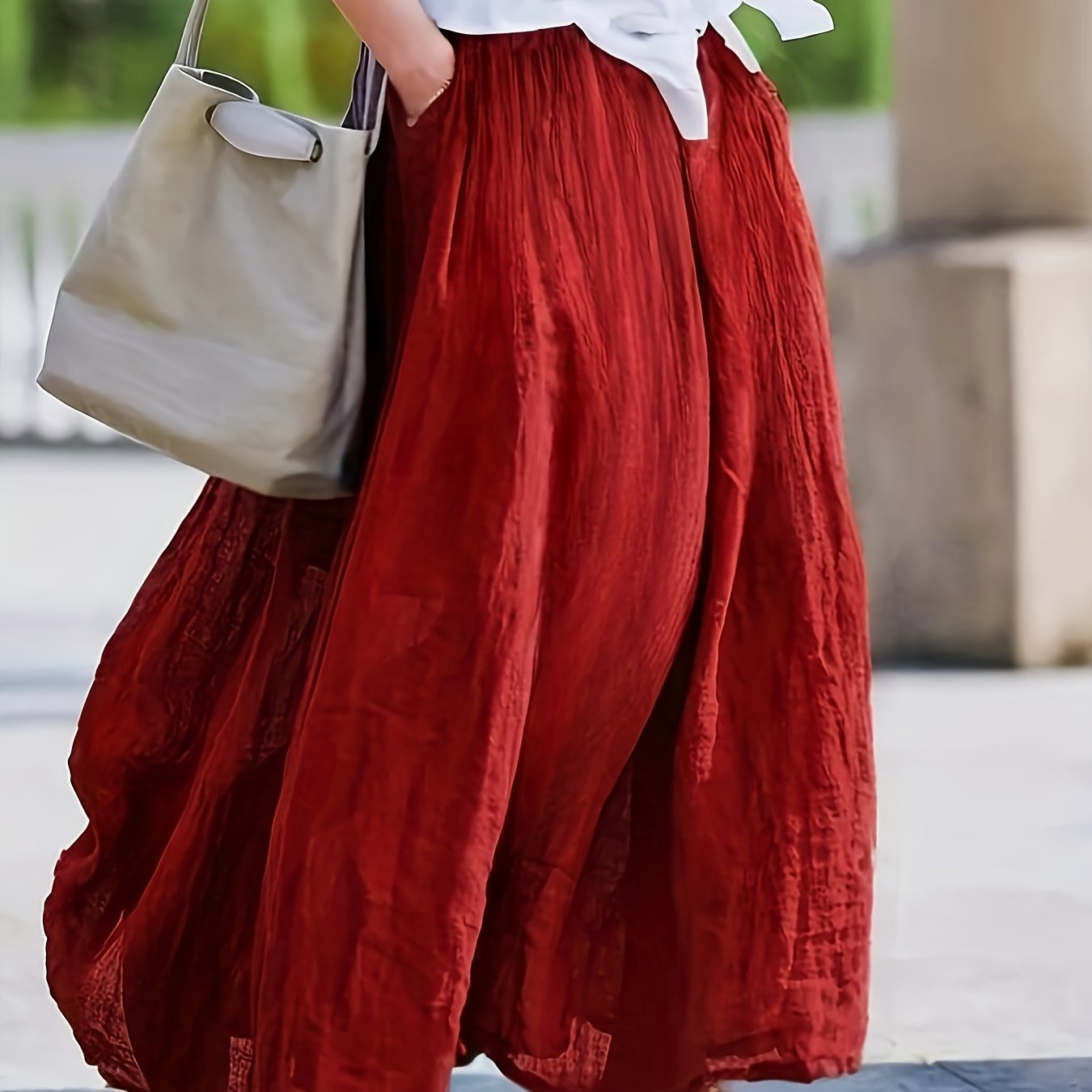TEMU Bk031606 Spring Summer Fall New Women' Retro Style Midi Skirt - Breathable, Loose Fit With Pockets, Elegant Casual Design