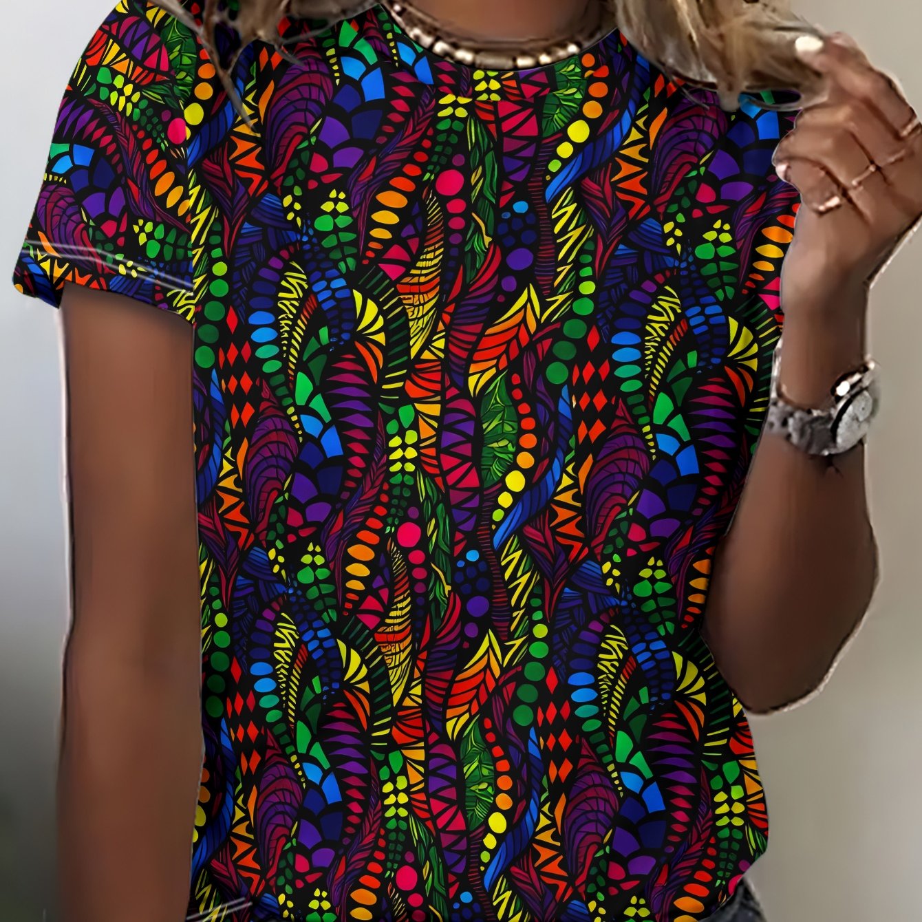 TEMU Summer New Women's Short Sleeve T-shirt, This Piece Features A Vibrant Multicolor Design With Colorful And Polka Dots A Whimsical Abstract