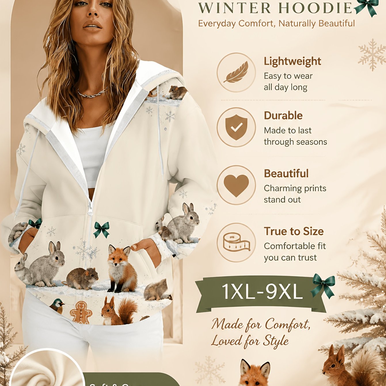TEMU Plus Size Women's Christmas Themed Zip-up Hoodie, Cute Snowy Animal Print Loose Casual Sweatshirt, Perfect For Halloween Outfits, Comfortable