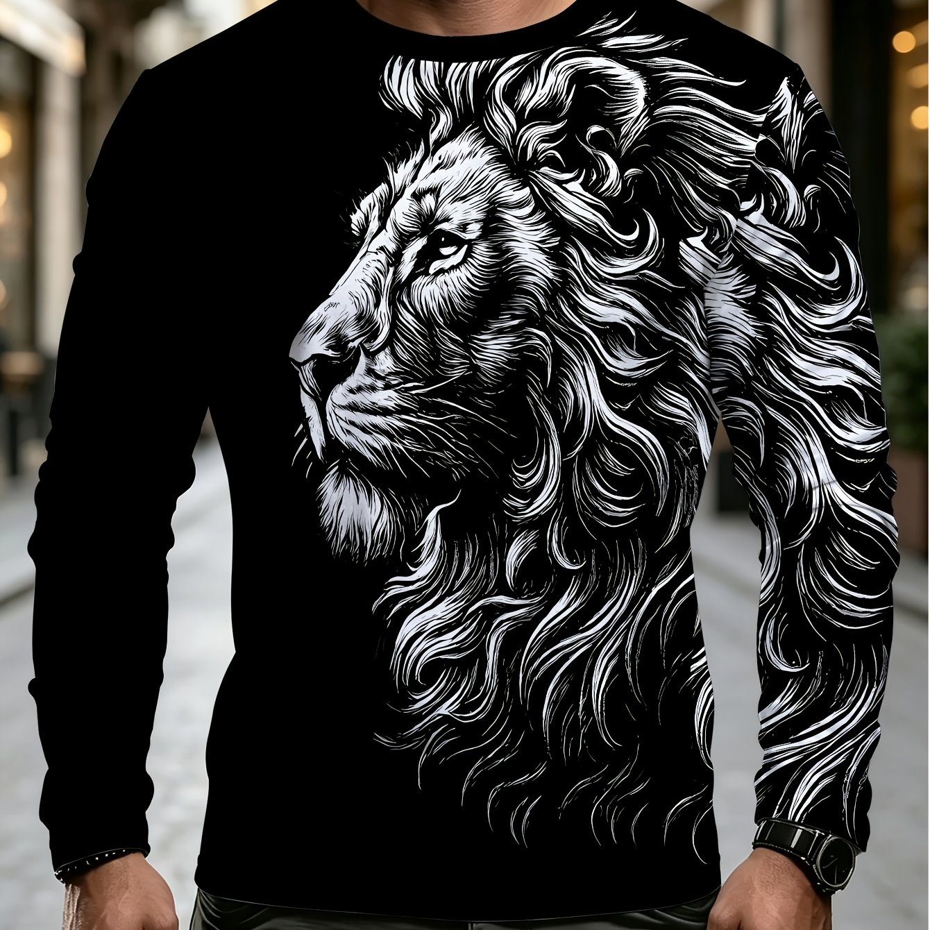 TEMU [printed Design - Not Textured] Black And White Head Print Long Sleeve T-shirt For Men, With Domineering Print Top, European And American
