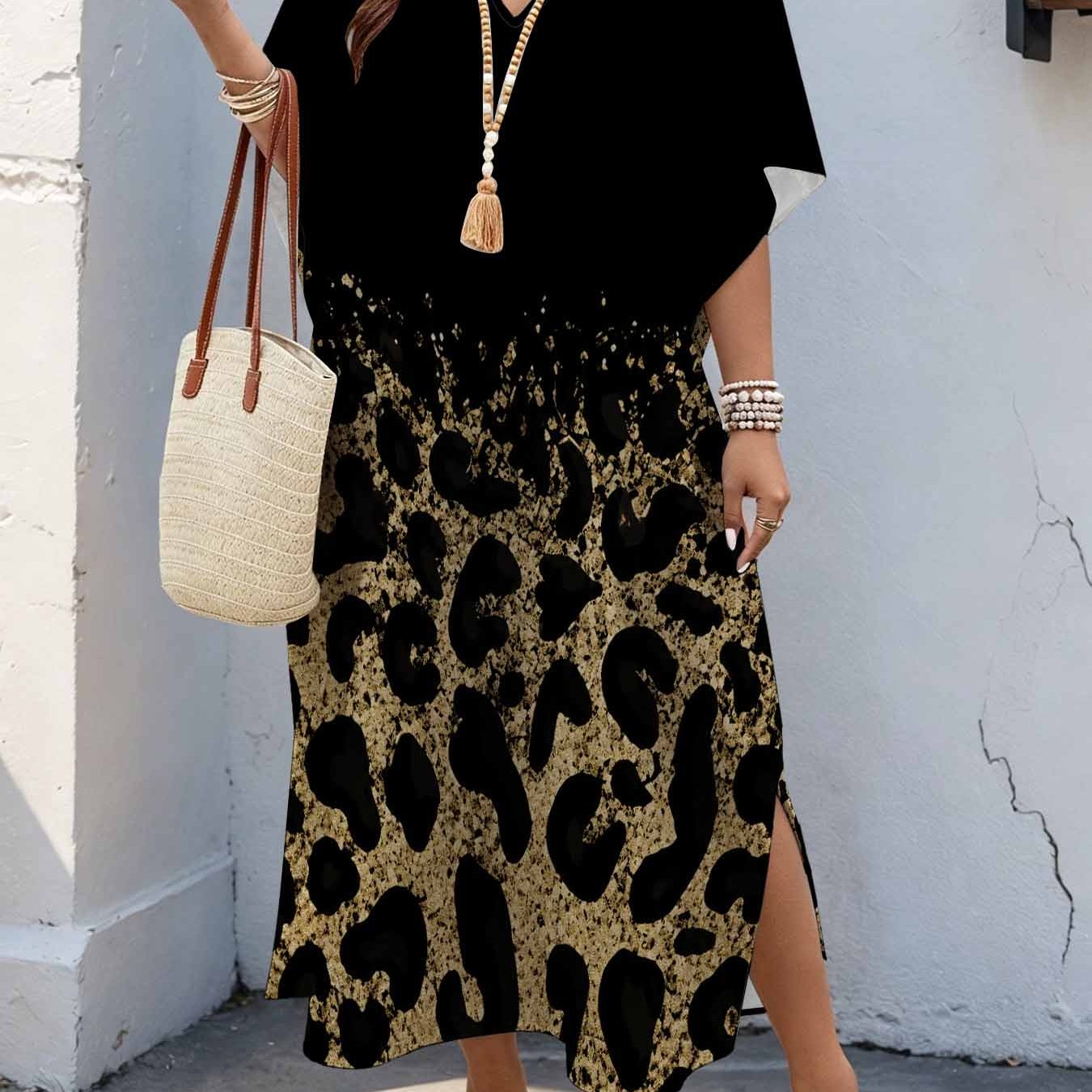 Image of Plus Size Women's 08xl Luxury Style, Print Maxi Dress, V-neck Batwing Sleeve Dress With Double Side Slits, Loose Casual Summer Dress For Curvy Women
