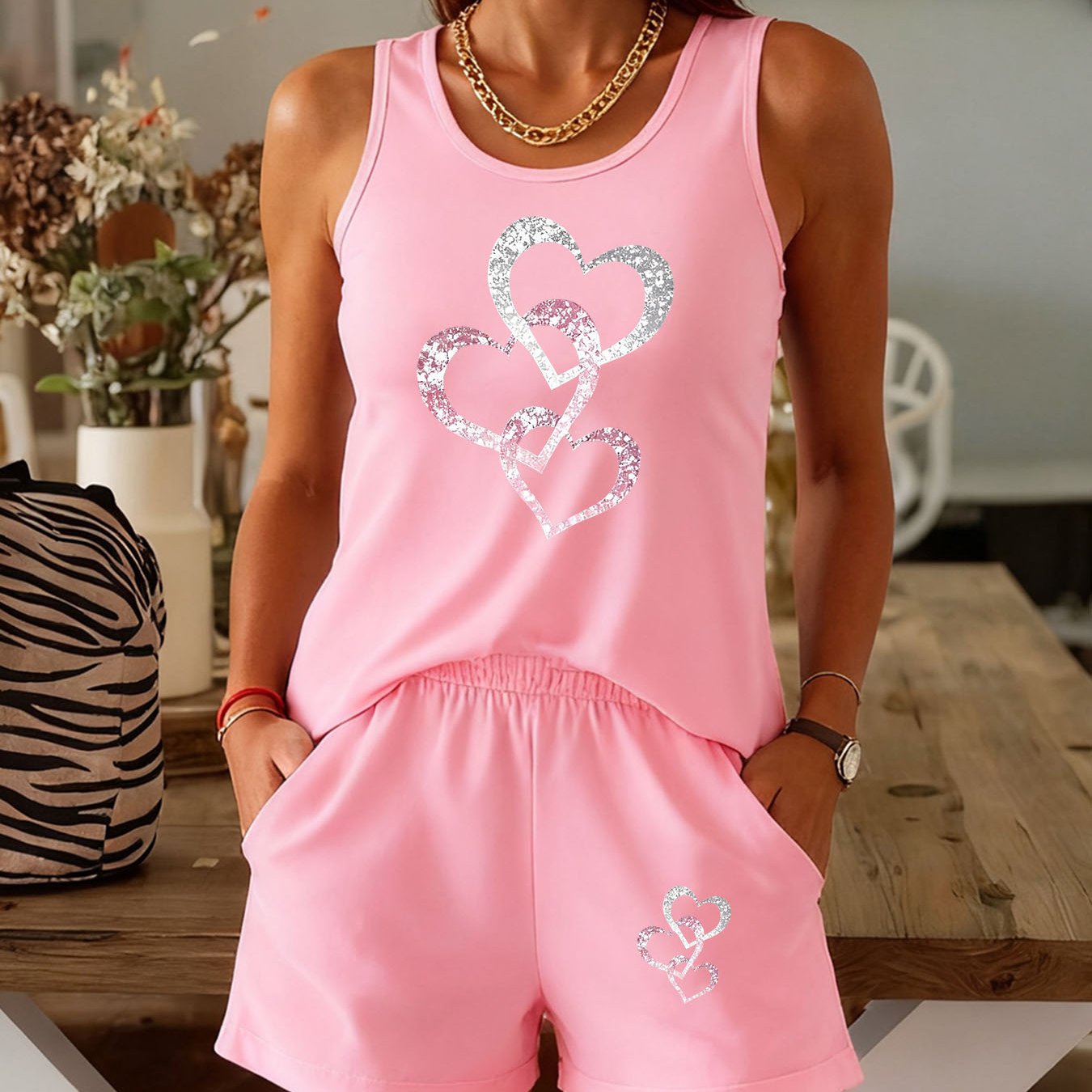 TEMU Silvery Pink Heart Pattern Print Vest Shorts Set Comfortable Casual Top Spring Summer Women's Clothing