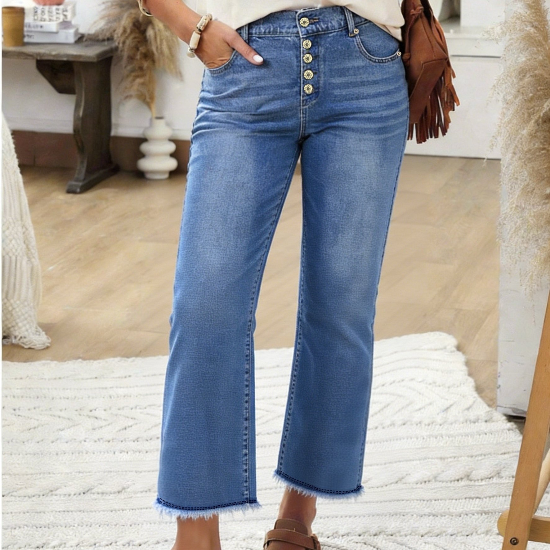 Women' Blue High-waisted Multi- Straight-leg Cropped Jeans, Vintage Distressed With Frayed For Spring And Autumn, Side Stitching, Slim-fit And Versatile Long Pants